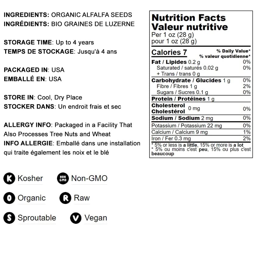 Food to Live Organic Alfalfa Sprouting Seeds - 5 lbs Non-GMO, Kosher, Raw, Sproutable Seeds for Healthy Salads, Sandwiches & Home Gardening
