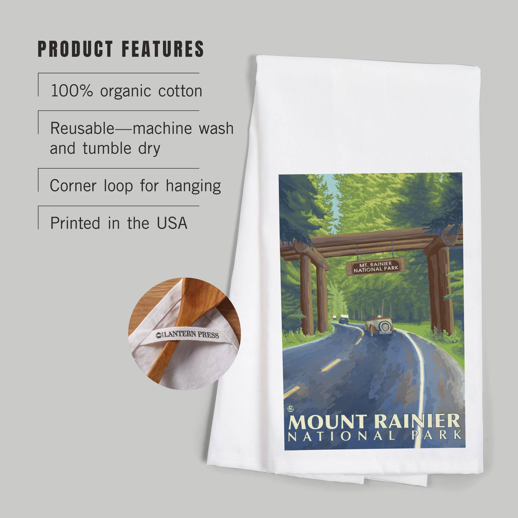 Lantern Press Mount Rainier Washington Nisqually Entrance 100% Cotton Tea Towel - Decorative Hand Towel for Kitchen, Home Decor & Gifts - Perfect for Dish Drying, Wall Art & Housewarming Presents