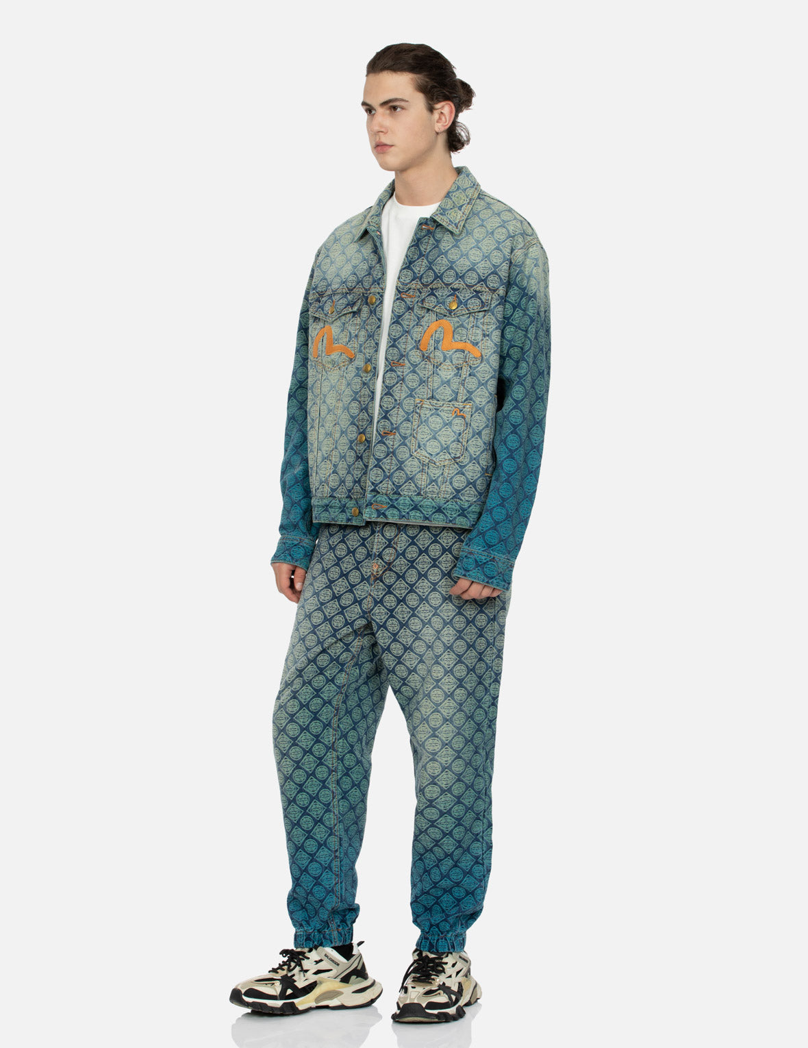 Gradient Allover Kamon Jacquard & Seagull Embroidered Relaxed Fit Denim Jacket for Men & Women - Casual Streetwear, Spring Fall Outerwear