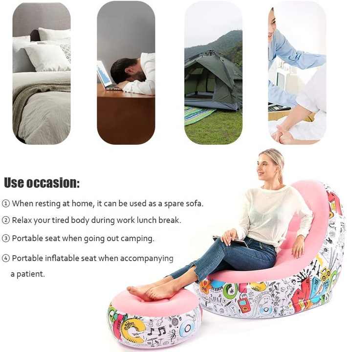 Portable Inflatable Sofa Chair with Ottoman - Waterproof Flocked Lazy Sofa for Camping, Beach, Home & Outdoor Use (Pink Graffiti Design)