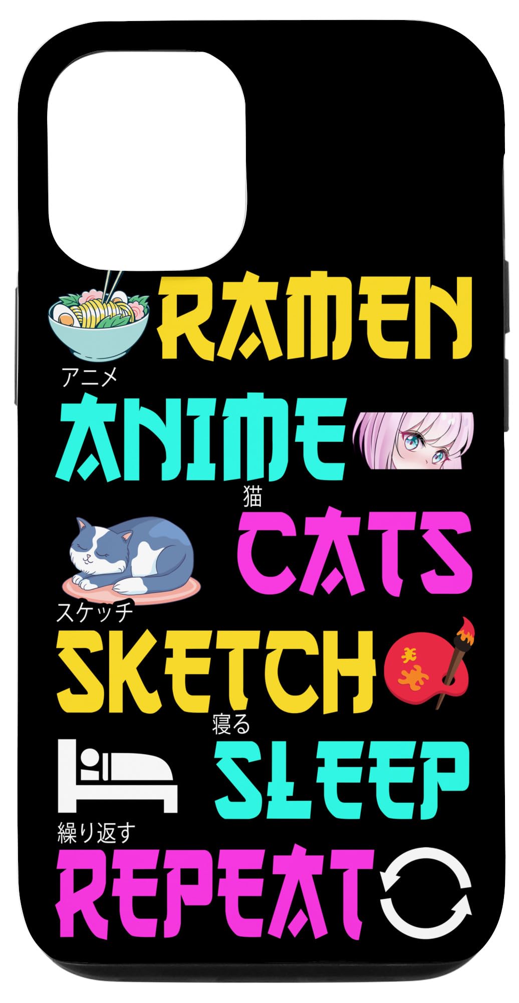 Funny Ramen Anime Cats iPhone 12/12 Pro Case - Kawaii Otaku Design with Sketch & Sleep Repeat Pattern - Perfect for Anime Lovers, Cosplay Events & Everyday Use