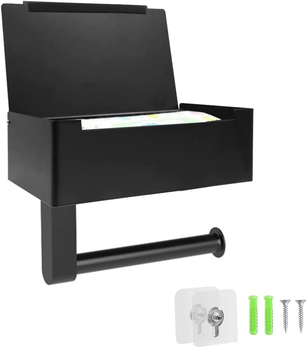 No Drill Toilet Paper Holder with Shelf & Flushable Wipes Dispenser - Wall Mount Bathroom Tissue Storage Organizer for Home, RV, and Office Use