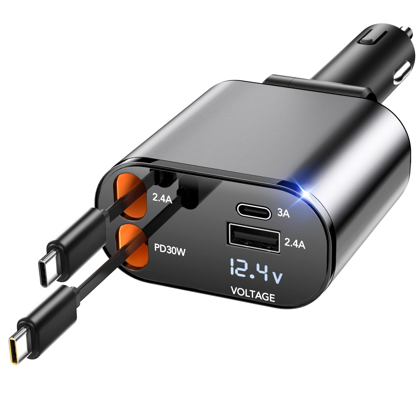 60W 4-in-1 Retractable USB C Car Charger with Dual Type-C Cables & 2 USB Ports - Fast Charging for Galaxy S23/S22, iPhone 16/15 Pro Max, Google Pixel - Perfect for Road Trips, Commuting & Multi-Device Charging