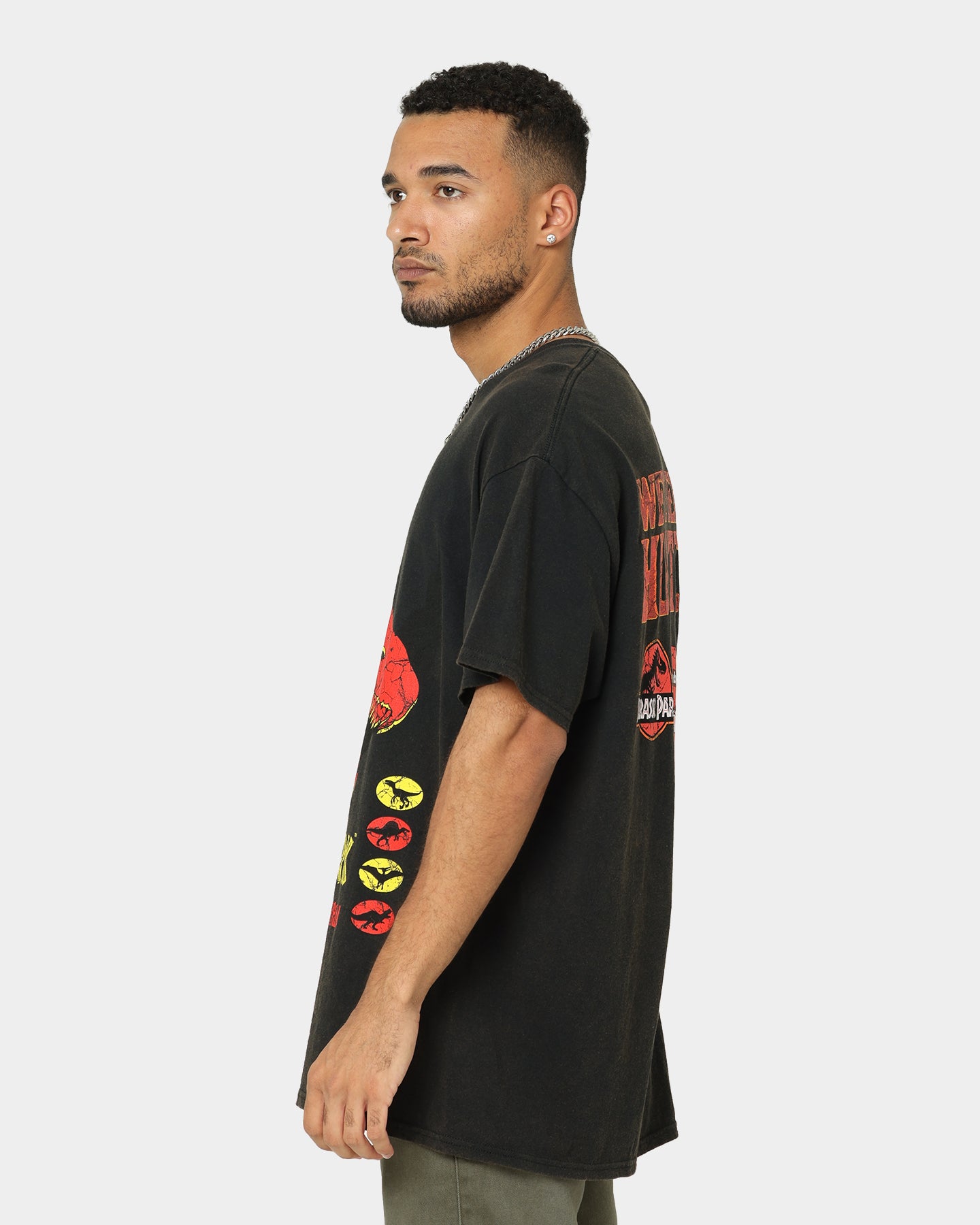 Vintage Jurassic Park Mega Mayhem Graphic T-Shirt - Black Distressed Wash - Retro Movie Tee for Men & Women - Perfect for Casual Wear, Cosplay & Dinosaur Theme Parties