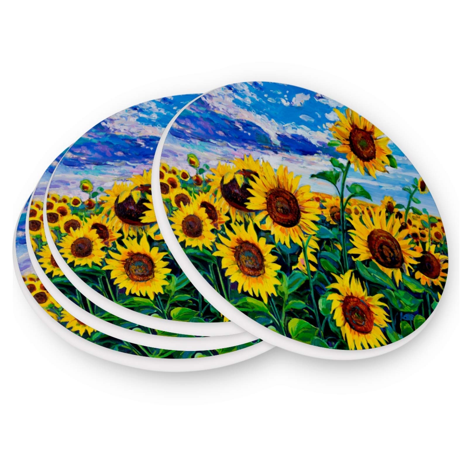 Qilmy Sunflower Ceramic Drink Coasters Set of 2 - Absorbent Stone Coasters with Cork Base for Mugs, Cups & Glasses - Perfect for Coffee Tables, Kitchen Countertops & Office Desks