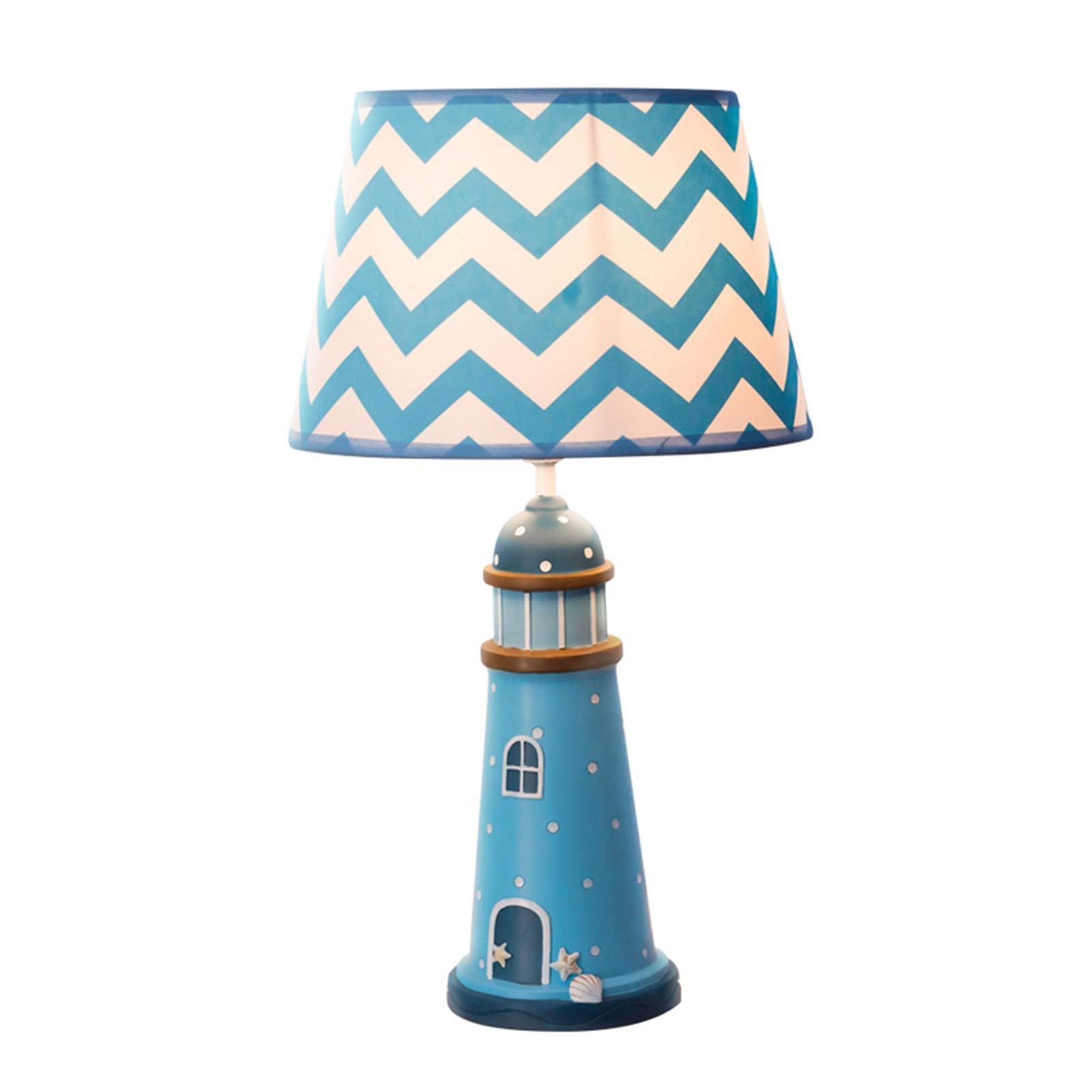 Modern Blue Nautical Resin Table Lamp with Adjustable Fabric Shade - Mediterranean Lighthouse Style for Bedroom, Kids Room & Office Desk Decor