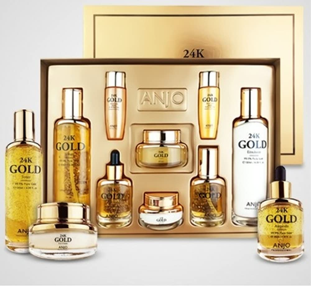 ANJO 24K Gold Skin Care Set - 6+2 Pieces (Toner 120ml, Emulsion 120ml, Essence 35ml, Cream 50g, Eye Cream 30g, Ampoule 35ml + Travel Size) - Anti-Aging Skincare Routine for Day & Night Use