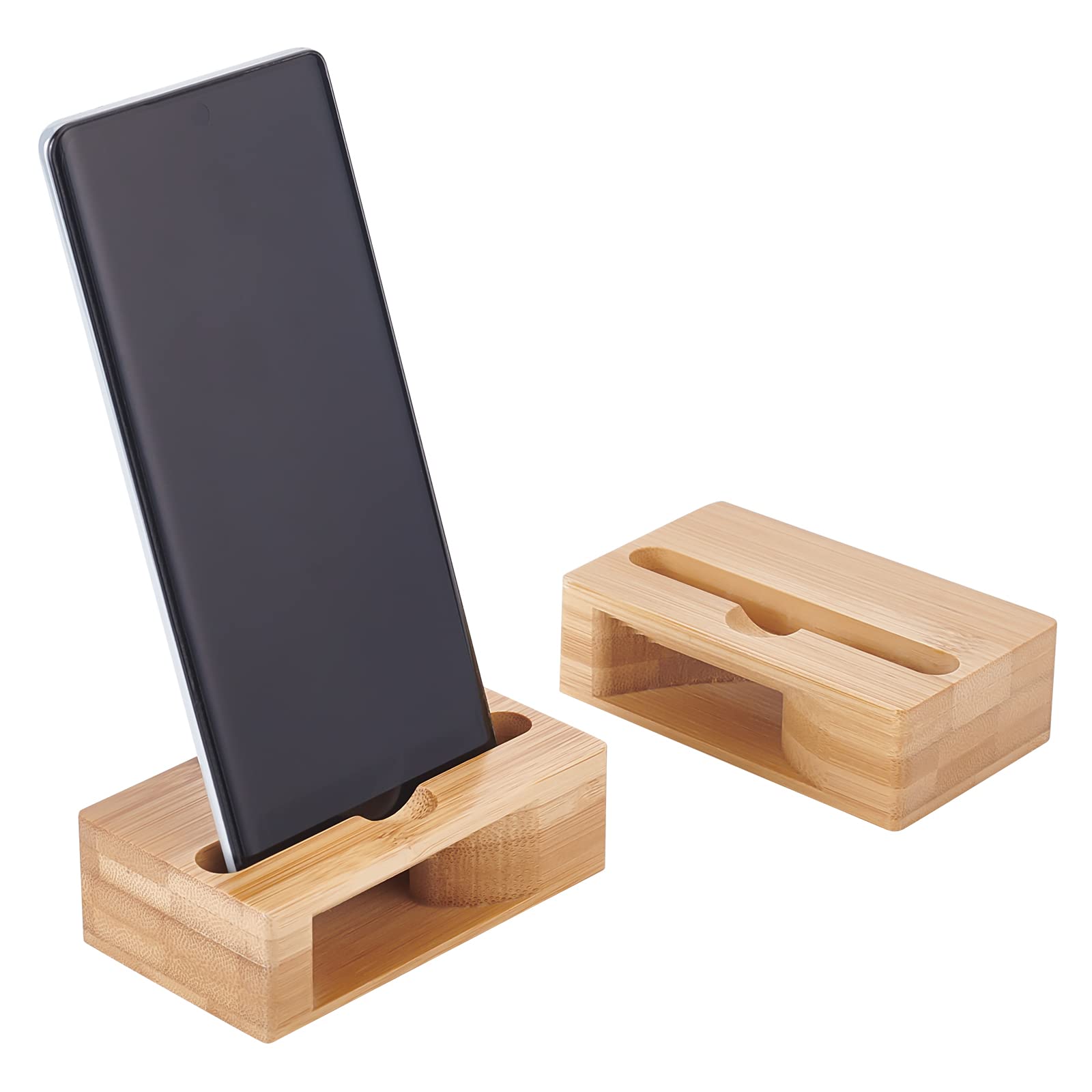 WEBEEDY 2-Pack Bamboo Phone Stand Amplifier - Portable Desktop Cell Phone Holder for iPhone & Android - Perfect for Office, Home, Watching Videos & Video Calls
