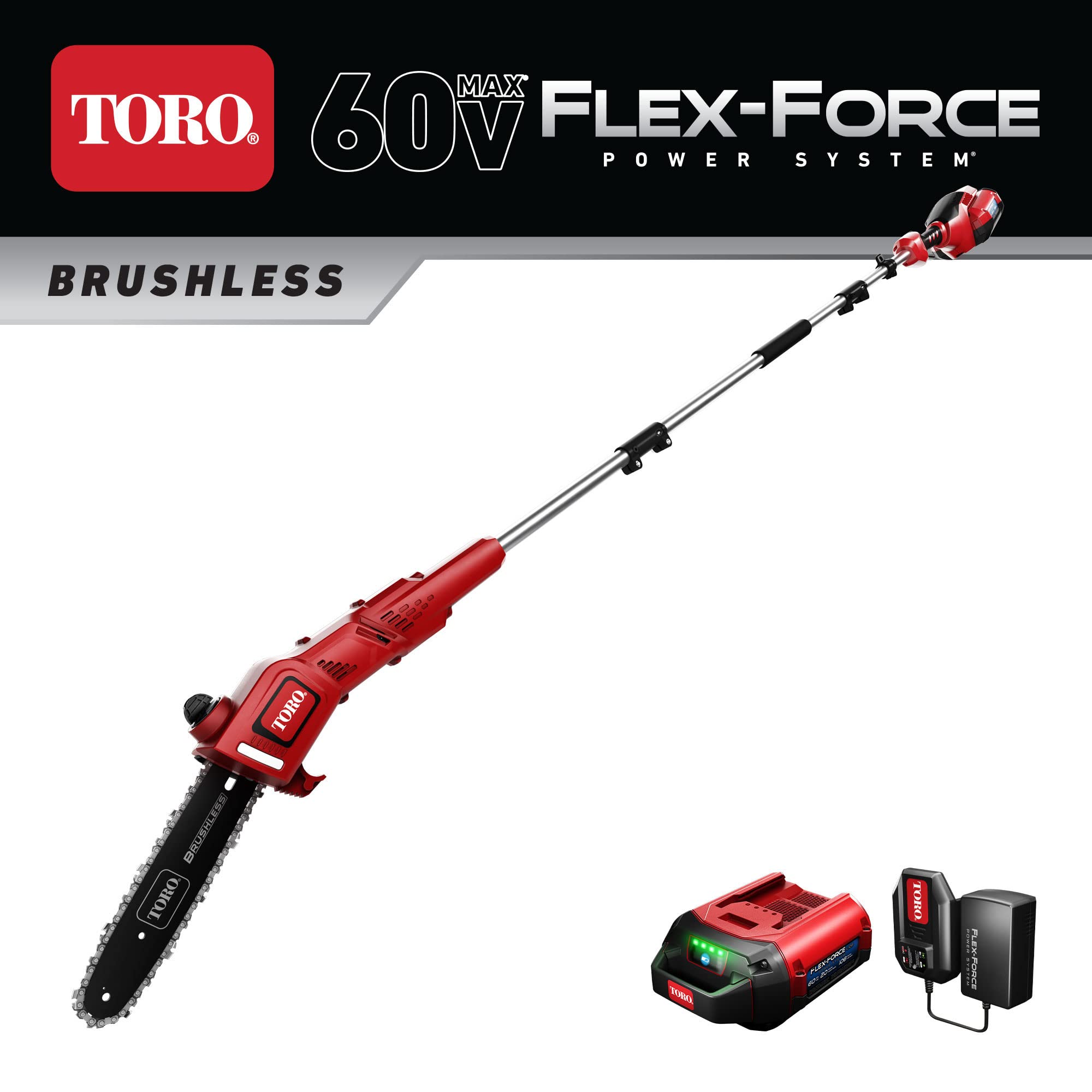 Toro Flex Force 60V Max 10-Inch Cordless Electric Pole Saw with Brushless Motor | 3-Piece Extendable Pole | 2Ah Battery & Charger Included | Perfect for Tree Trimming, Branch Cutting, and Yard Maintenance