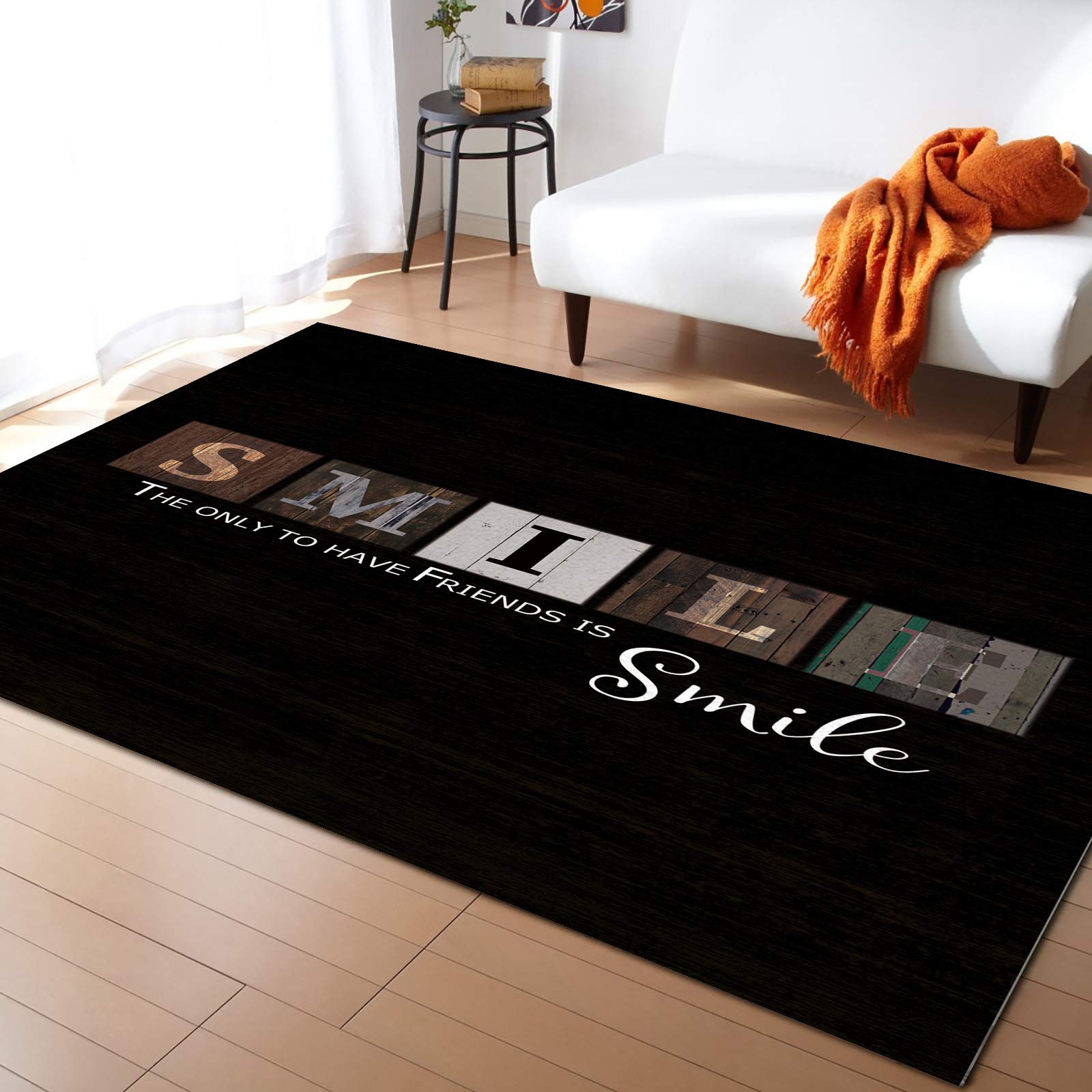 5'x7' Vintage Smile Wood Sign Area Runner Rug - Washable Indoor/Outdoor Carpet for Kitchen, Living Room, Bathroom, Bedroom, Classroom & Laundry Room - Perfect as Welcome Doormat, Desk Mat or Floor Decor