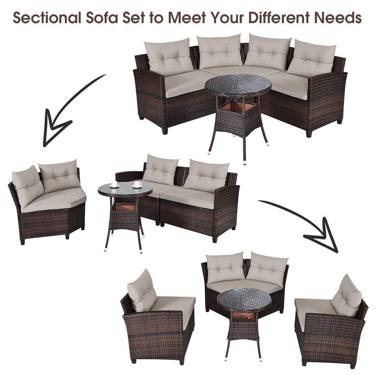 Tangkula 4-Piece Outdoor Patio Furniture Set - Modern C-Shaped Wicker Sectional Sofa with Cushions & Glass Coffee Table, Water-Resistant Rattan Deck Set for Garden, Poolside, Balcony, Backyard (Beige) | Perfect for Lounging, Entertaining & Relaxing Outdoors