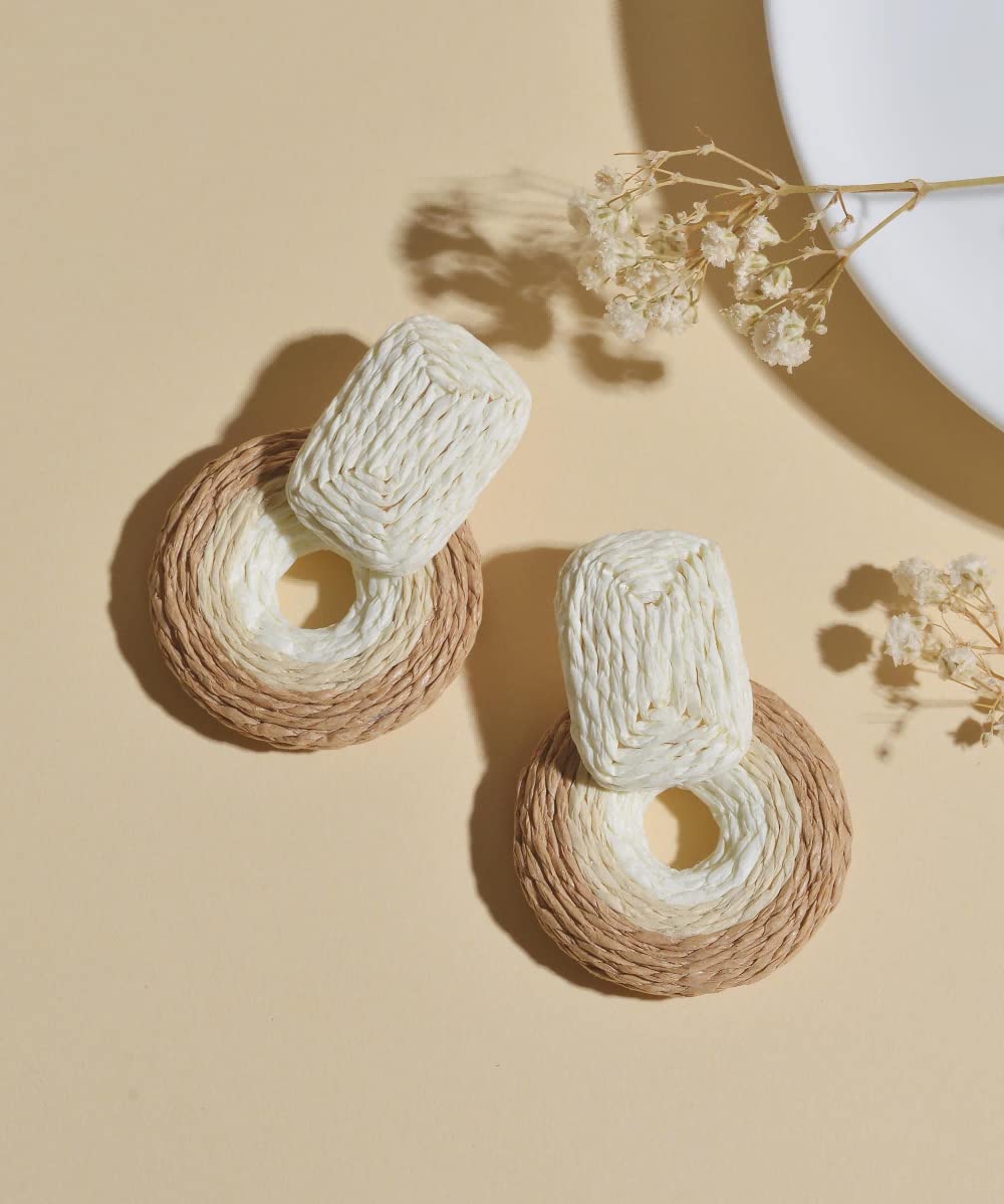 Boho Raffia Round Earrings - Handmade Wicker Drop Dangle Earrings for Women | Natural Rattan Straw Statement Jewelry | Perfect Gift for Women & Girls | Great for Summer Festivals, Beach Vacations & Boho Fashion