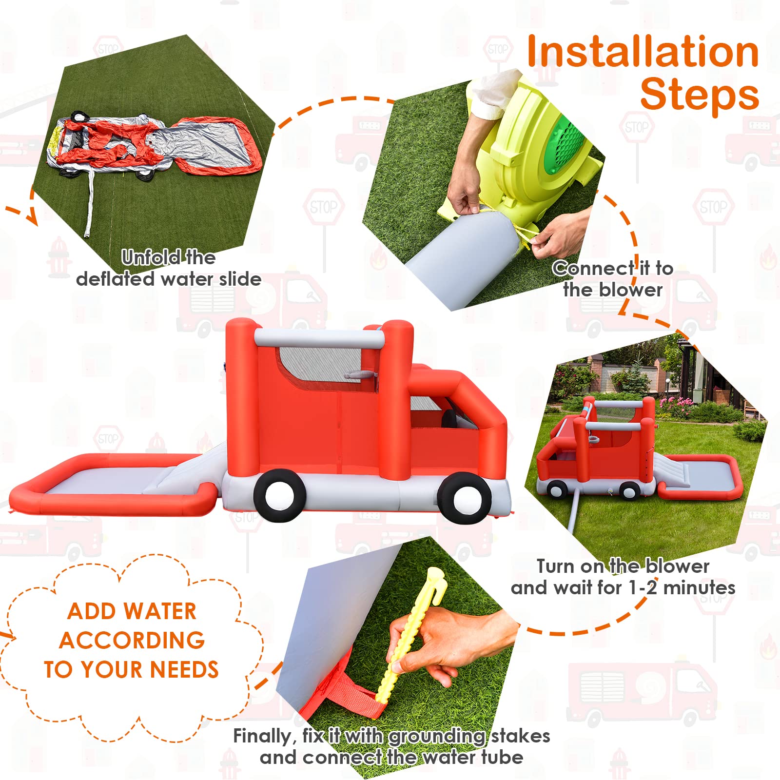**HONEY JOY Inflatable Water Slide for Kids & Adults - Fire Truck Toddler Bounce House with Splash Pool, Outdoor Water Park, Backyard Summer Fun (Blower Not Included) | Perfect for Birthday Parties, Family Gatherings & Summer Activities**