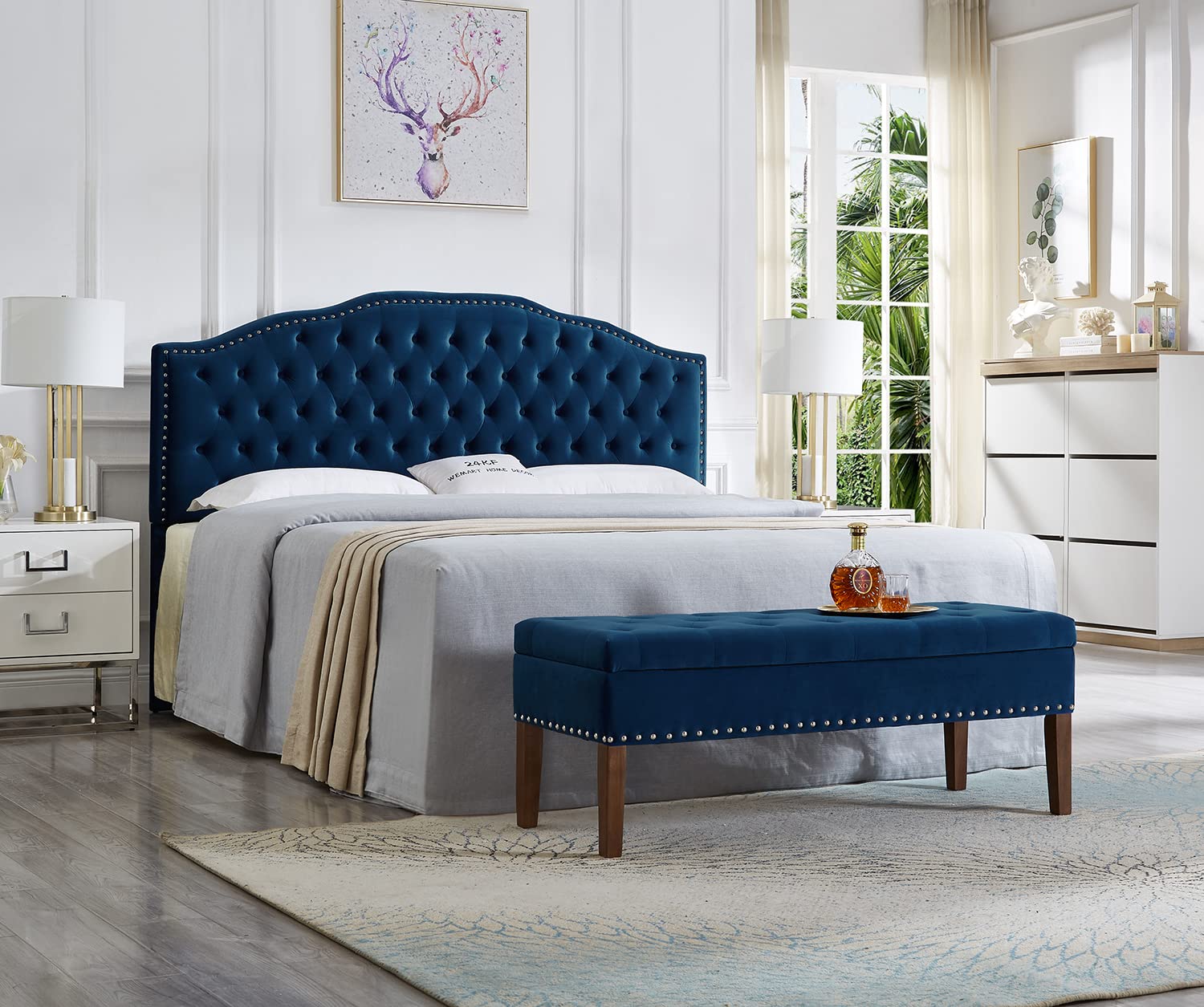 24KF Upholstered Button Tufted King Headboard with Nailhead Trim - Soft Velvet Fabric Headboard for King/CA King Size Beds - Navy Blue Luxury Bedroom Decor for Master Bedroom & Guest Room