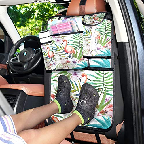 WELLDAY 2PCS Car Backseat Organizer with Pockets - Tropical Flamingo Print Trunk Storage Organizer, Travel Accessories & Kick Mats Protector for Kids Toddlers - Perfect for Road Trips, Family Vacations and Daily Commutes