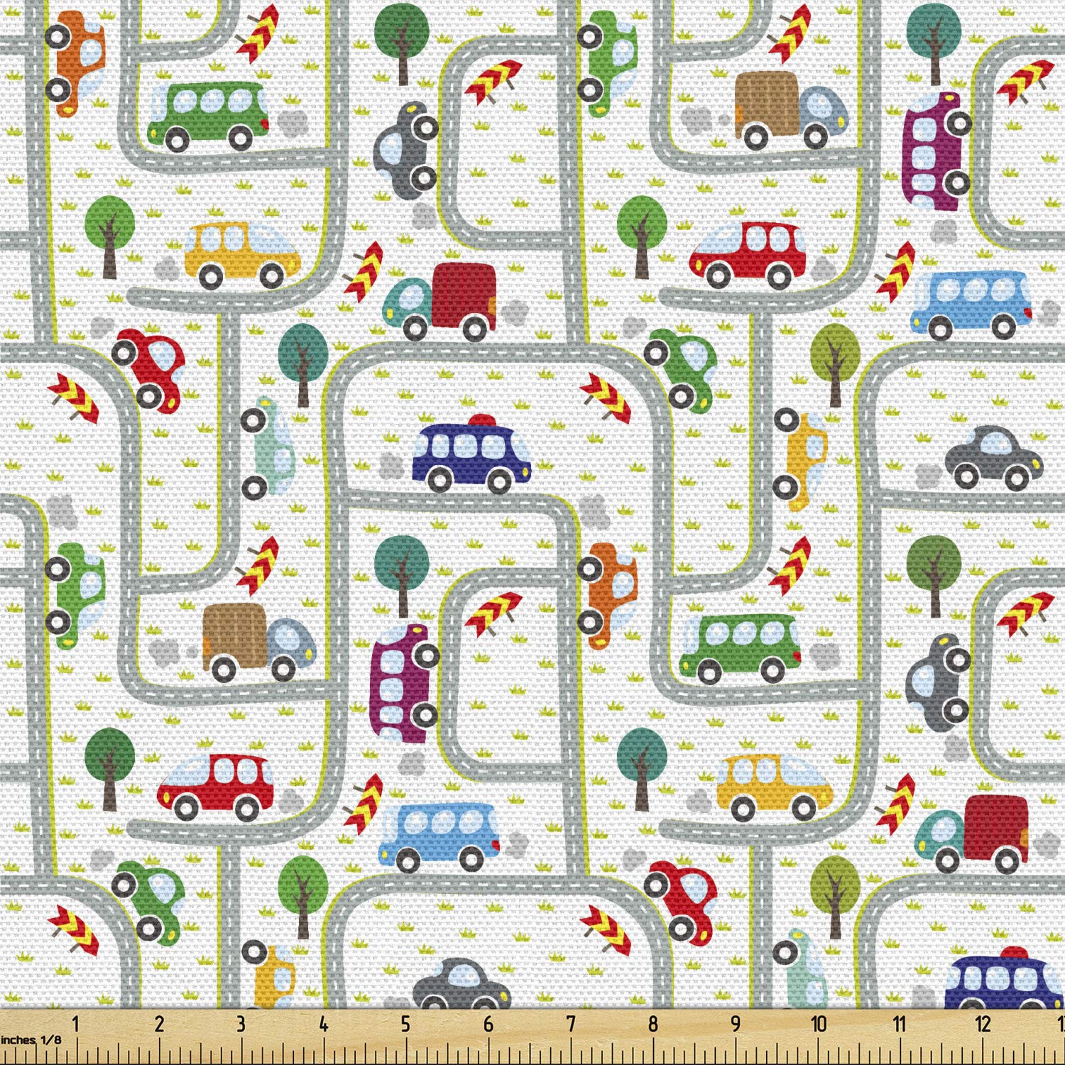 Ambesonne Cars Fabric by The Yard - Vibrant Urban Traffic Design with Driving Cars, 10 Yards Gray Green Upholstery Material for Sofa, Curtains & Home Decor | Perfect for DIY Projects, Car Themed Bedrooms & Automotive Decor
