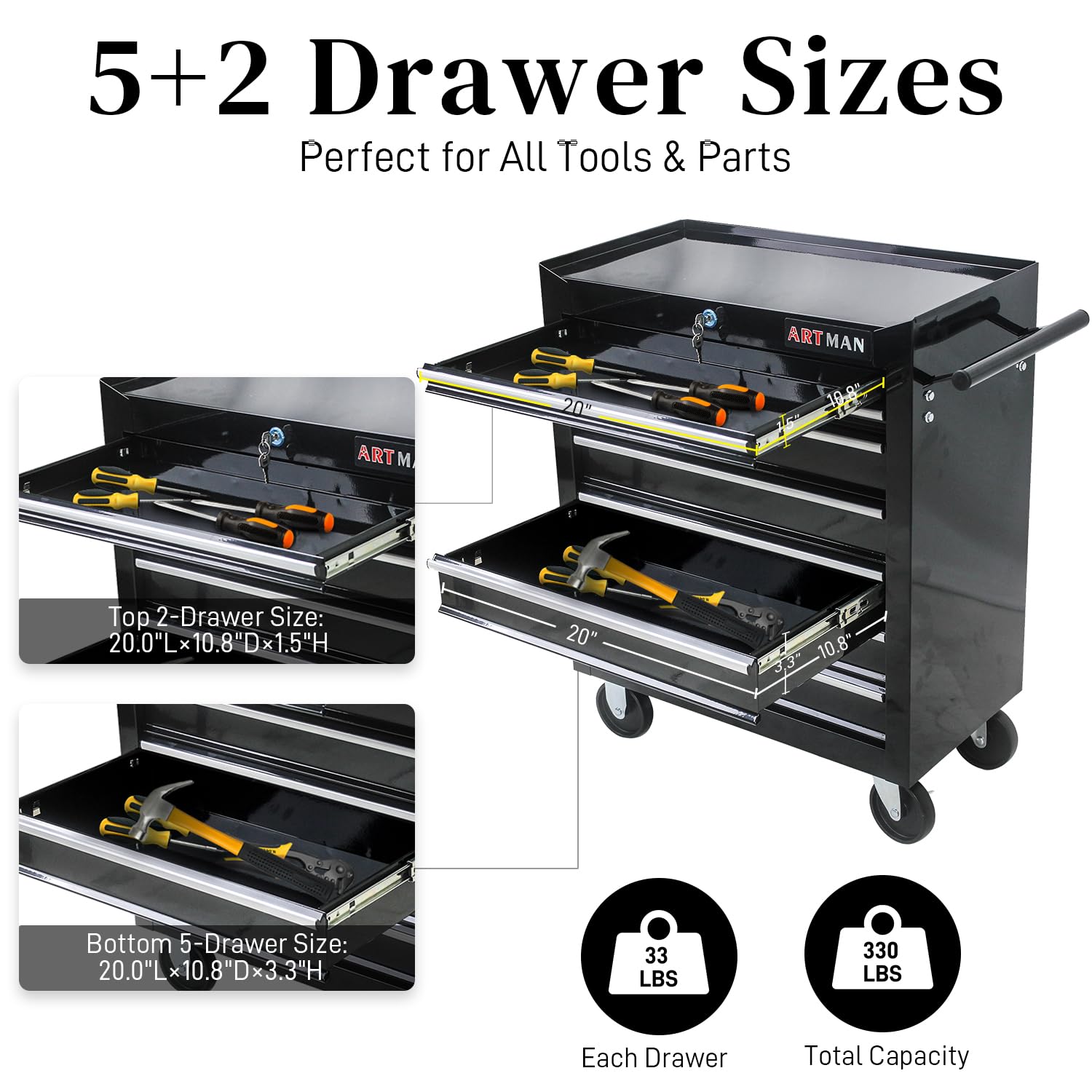 7-Drawer Rolling Tool Chest with Wheels - Heavy Duty Mobile Tool Storage Cabinet for Mechanics, Garage, Workshop & Warehouse | Portable Tool Cart for Auto Repair, Home DIY & Professional Use (Black)