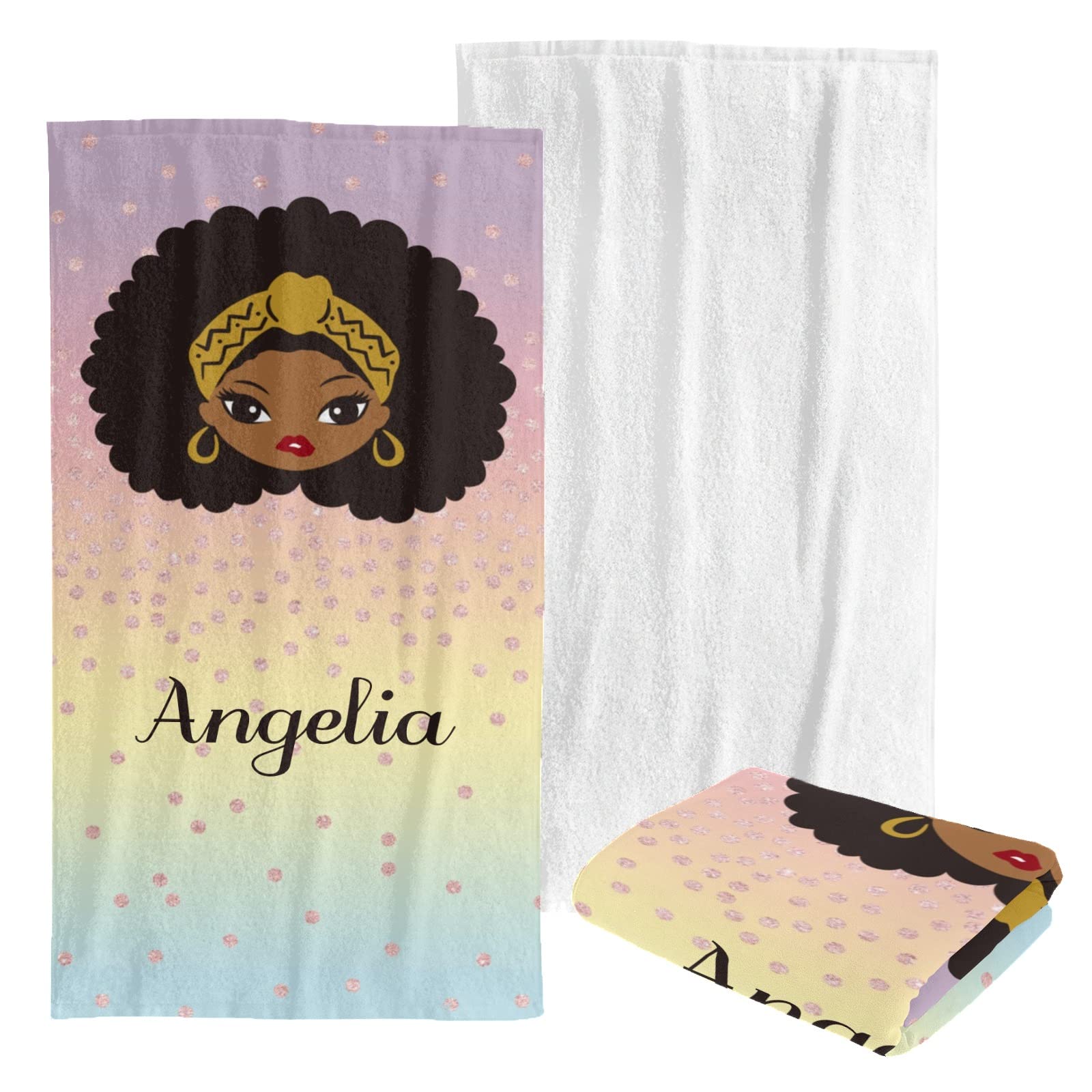 Custom Personalized Beach Towel - Soft Quick-Dry Bath Towel Blanket for Swimming, Pool, Travel - Glitter Dots African Girl Design for Women, Men, Kids, Boys & Girls (Perfect for Beach Vacation, Summer Pool Party & Outdoor Activities)