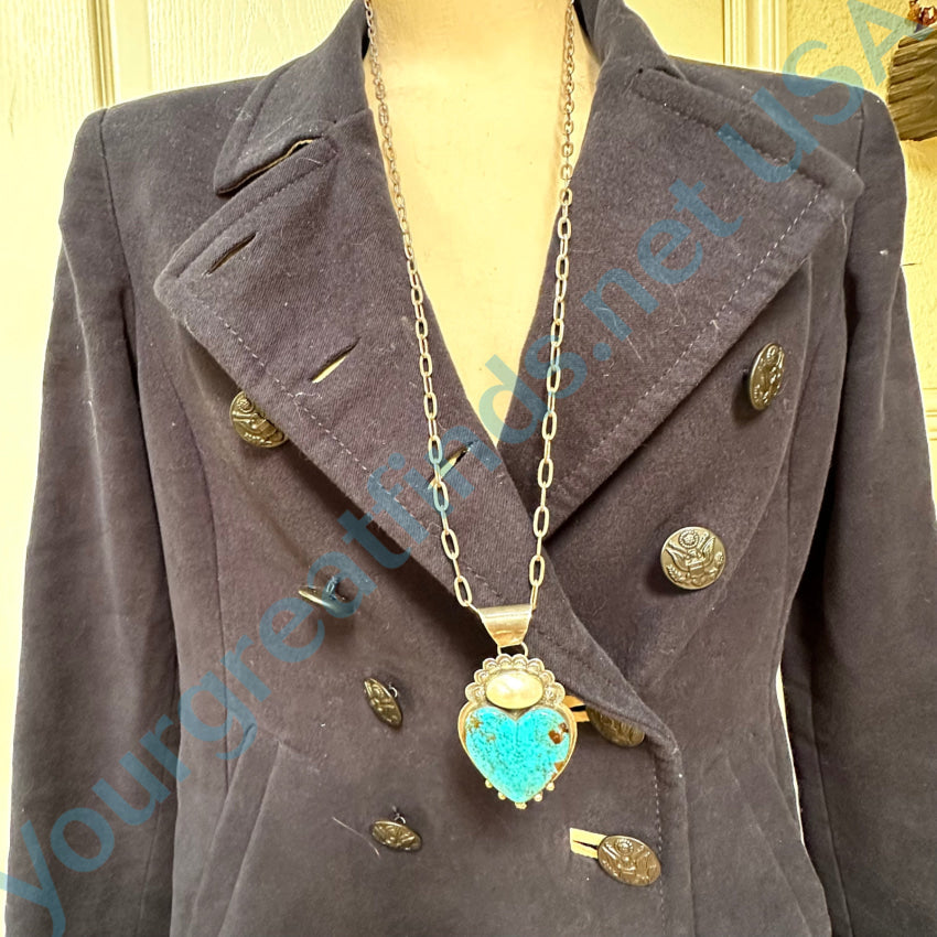 Sterling Silver Native American Turquoise Heart & Blister Pearl Necklace - Handmade Southwest Jewelry for Women, Perfect for Boho Fashion, Weddings & Special Occasions