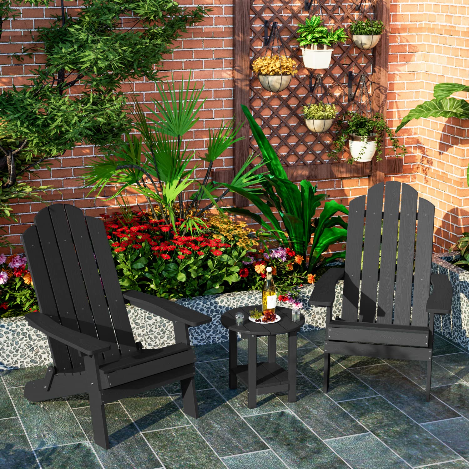 MXIMU 18 Inch Round Outdoor Side Table with Storage Shelf - 2-Tier Plastic Patio End Table for Balcony, Backyard, Lawn - Durable Adirondack Chairside Table (Black, 1 Pack) - Perfect for Outdoor Relaxation, Coffee Time & Garden Decor