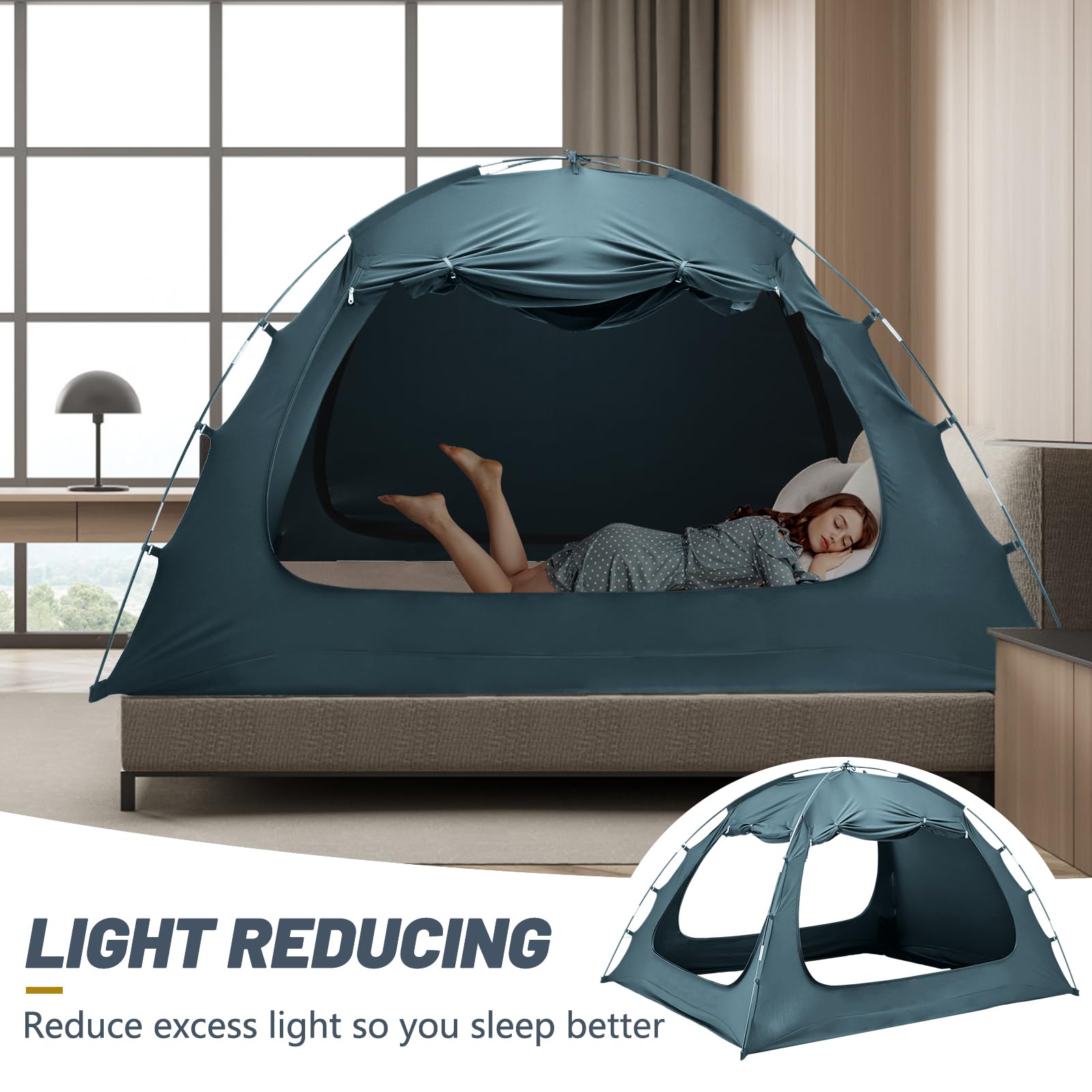 LILYPELLE Bed Tent for Adults - Portable Blackout Canopy with 3 Doors, Twin Size Bunk Bed Privacy Shelter (Blue) | Perfect for Camping, Kids' Sleepovers & Cozy Indoor Retreats