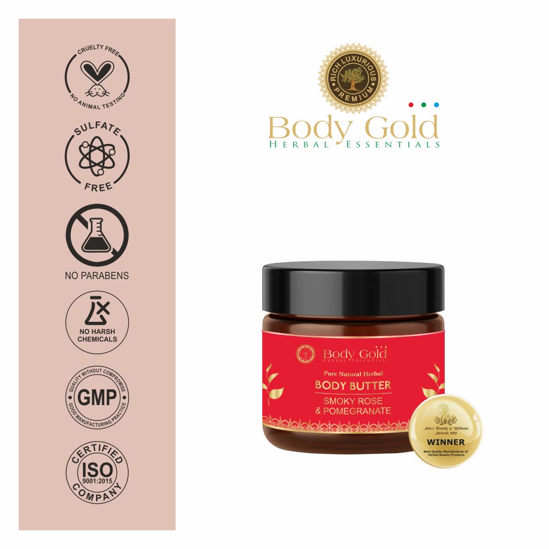 Body Gold Body Butter Cream - Pomegranate & Smoky Rose | Deep Moisturizing for Very Dry Skin | Anti-Flakiness Treatment | All-Season Hydration | Soothing Fruity Scent | 100g (BB-02) | Perfect for Daily Skincare & Winter Dryness Relief