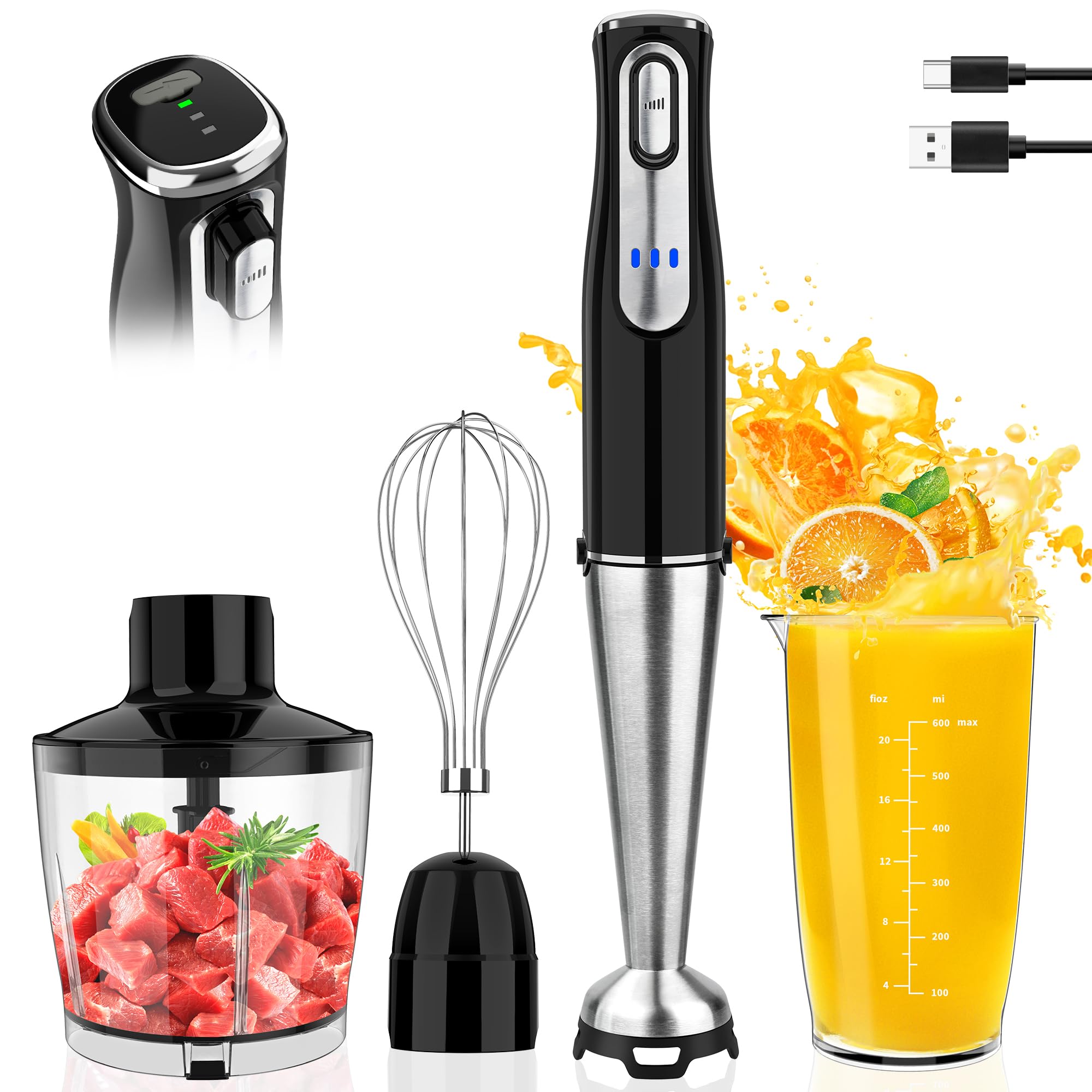Rechargeable 4-in-1 Cordless Immersion Blender with Stainless Steel Blade - Handheld Electric Stick Blender with Chopper, Beaker & Whisk - Perfect for Soups, Baby Food, Smoothies & Kitchen Blending Tasks
