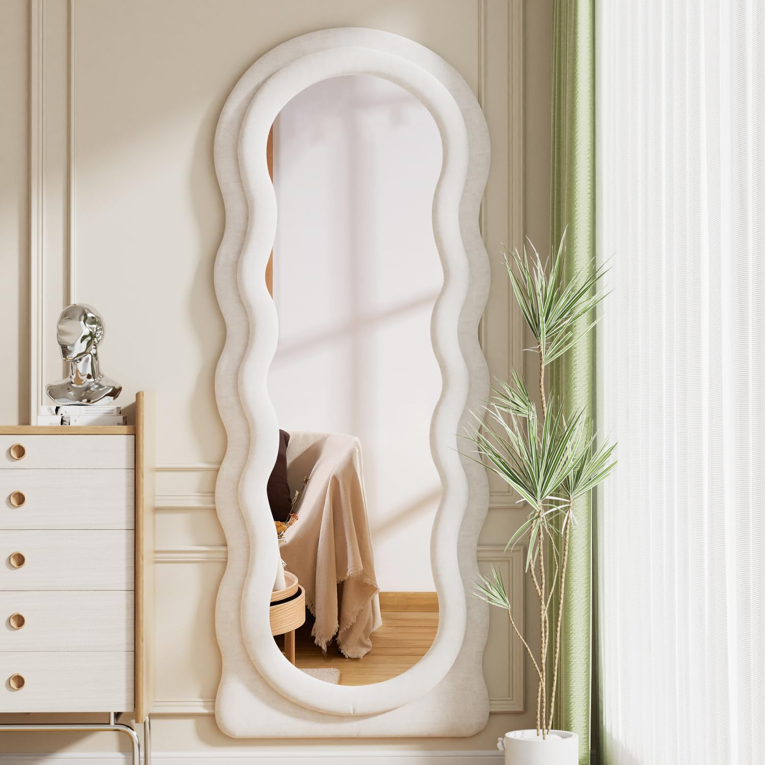 Full Length Mirror 63x24 Inches - Wavy Floor Mirror with Arched Design, Cloud Shaped Flannel Wall Mirror for Bedroom - Dressing & Body Mirror for Hanging or Leaning Against Wall (White) | Perfect for Home Decor, Outfit Checks & Selfie Backgrounds