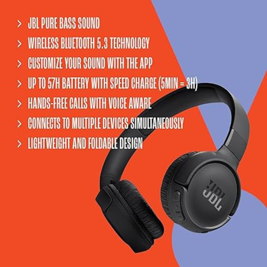 JBL Tune 520BT Wireless On-Ear Headphones with Bluetooth 5.0, 32H Playtime, Built-in Mic - Perfect for Workouts, Commuting & Home Entertainment