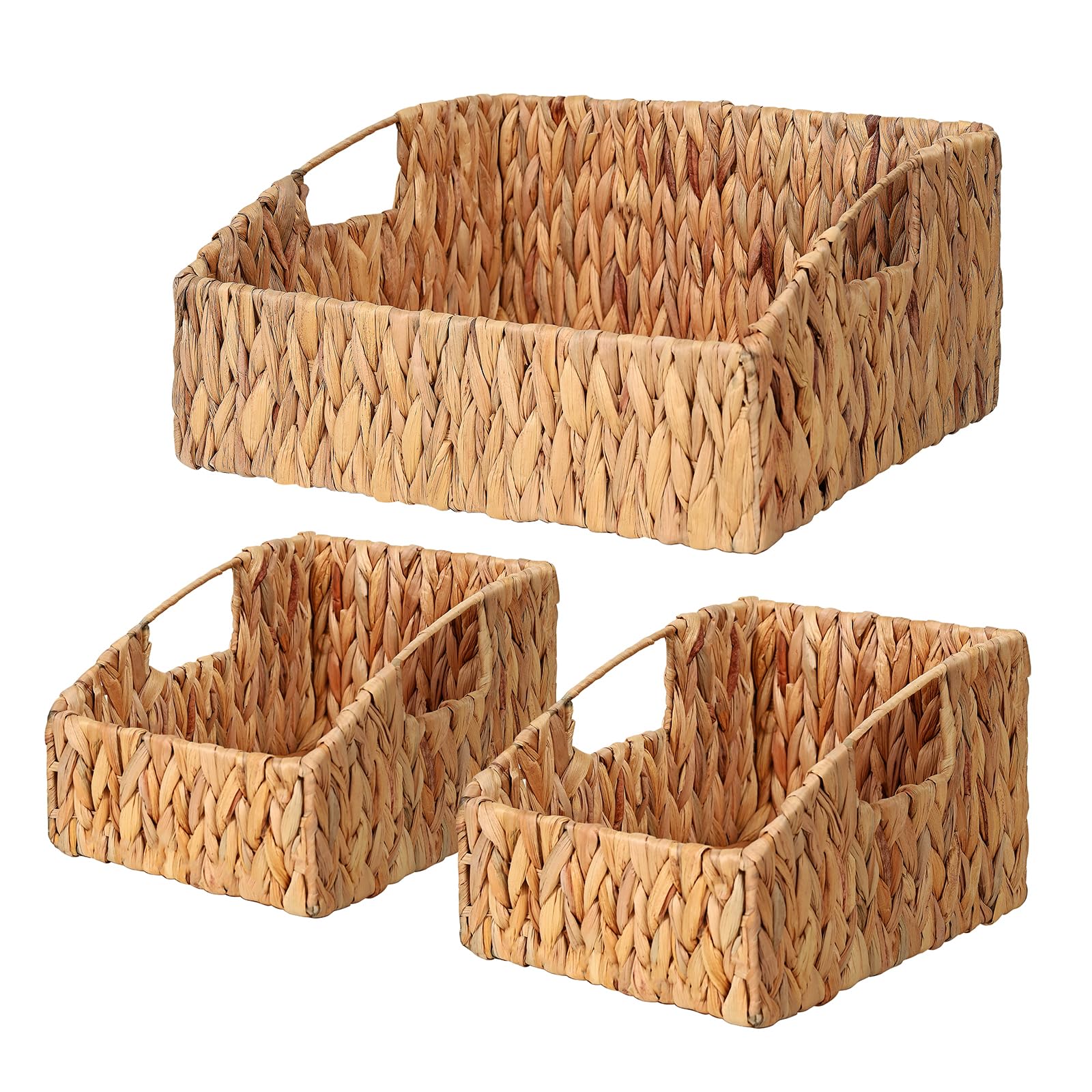 Ollieroo Natural Water Hyacinth Storage Baskets - Handwoven Wicker Storage Bins with Built-in Handles, Set of 3 | Organizer for Shelves, Bedroom, Bathroom, Laundry & Kitchen | Perfect for Home Organization & Decor