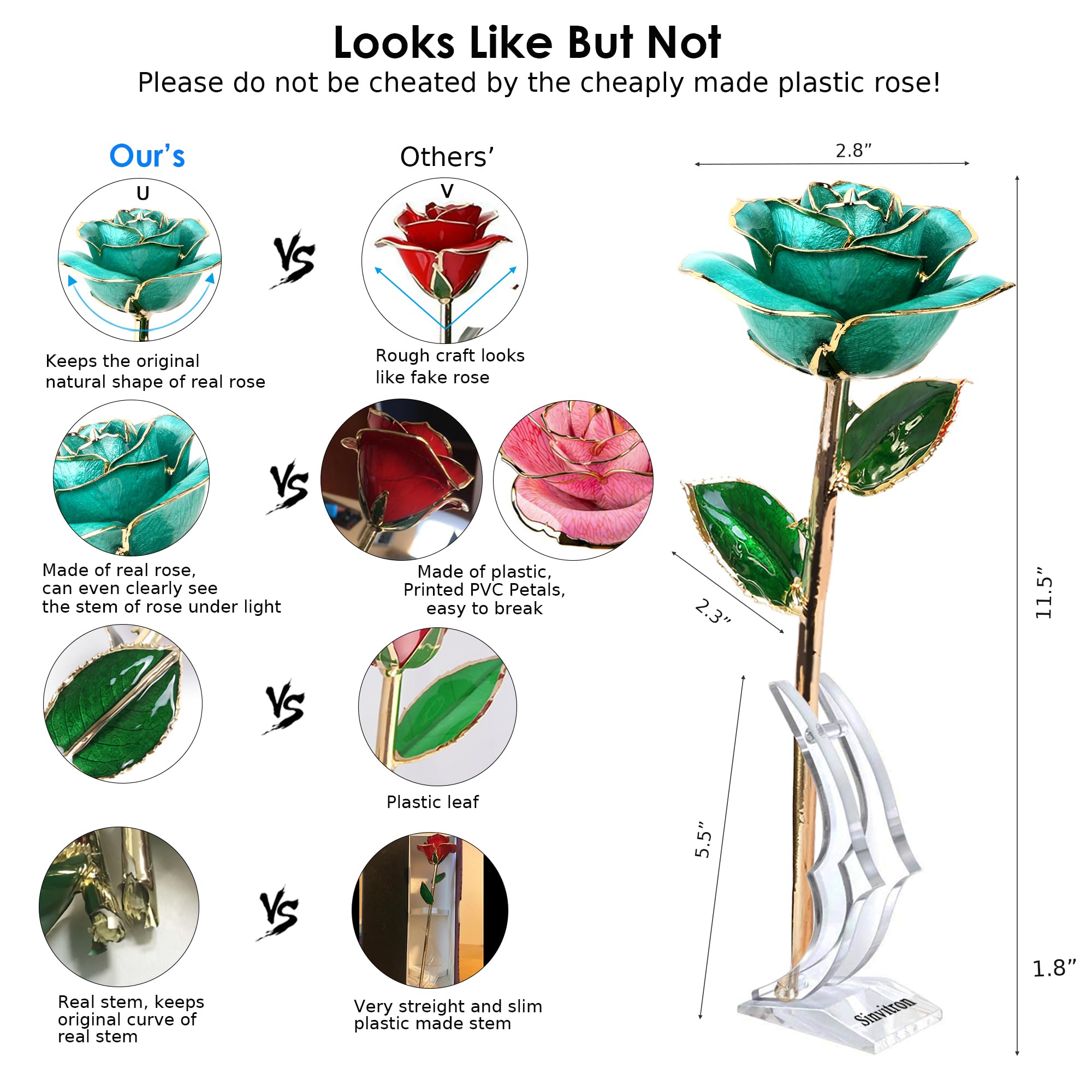 24K Gold Plated Real Rose with Stand - Long Stem Dipped Gold Rose for Anniversary, Valentine's Day, Birthday Gift for Women, Mom, Wife - Perfect for Wedding Centerpieces, Home Decor & Romantic Surprises (Light Blue)