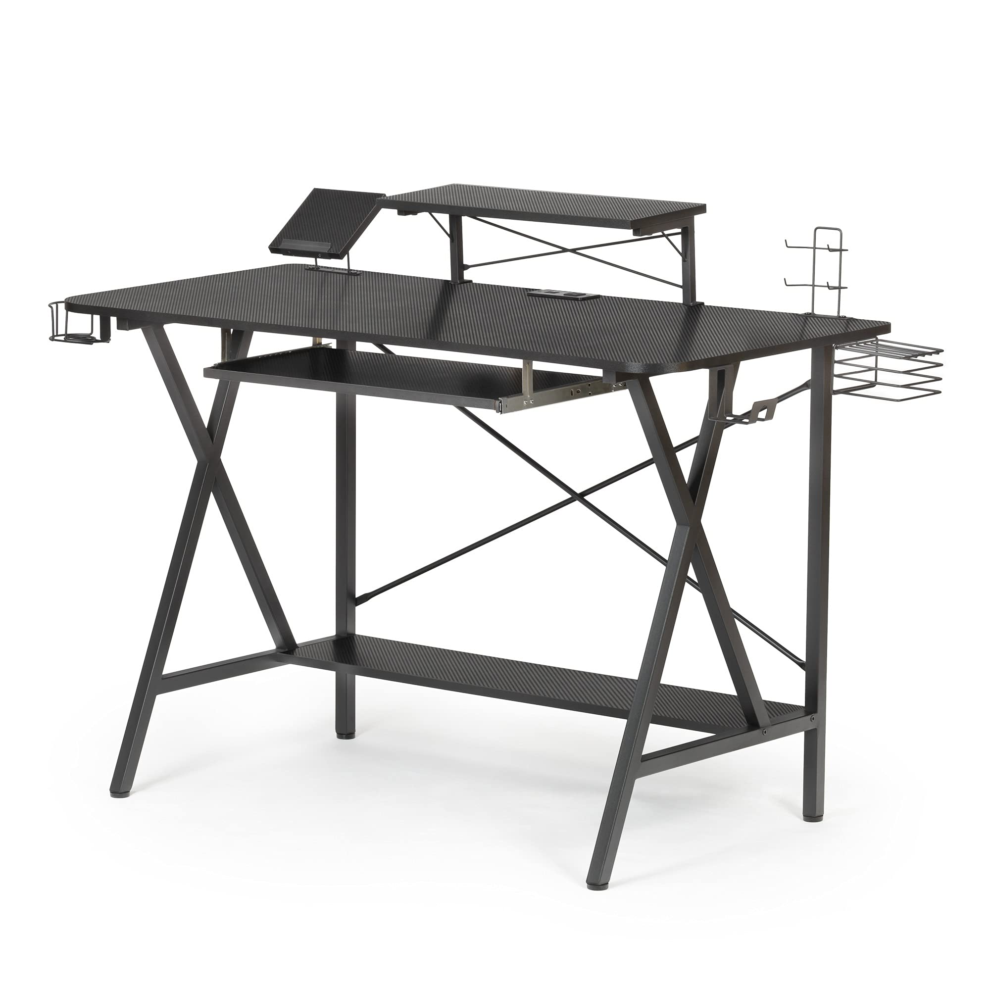 47-inch LSHIRT Stability Gaming Desk with PC Stand, Keyboard Tray, Power Strip & USB Ports, Cup Holder & Headphone Hook - Carbon Fiber Coated Durable E-Sports Computer Desk for Home Office & Gaming Setup