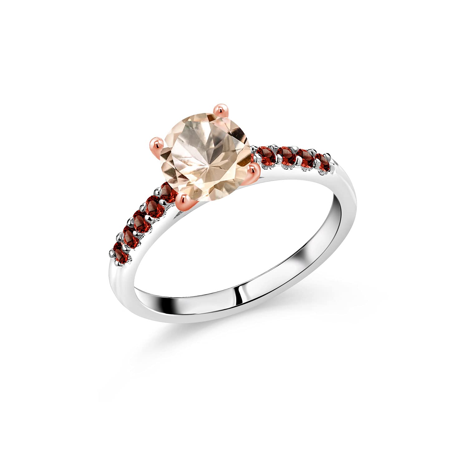 1.63 Ct Peach Morganite & Red Garnet 10K White Gold Ring with Rose Gold Prongs - Elegant Bridal Jewelry, Engagement Ring, Anniversary Gift for Her