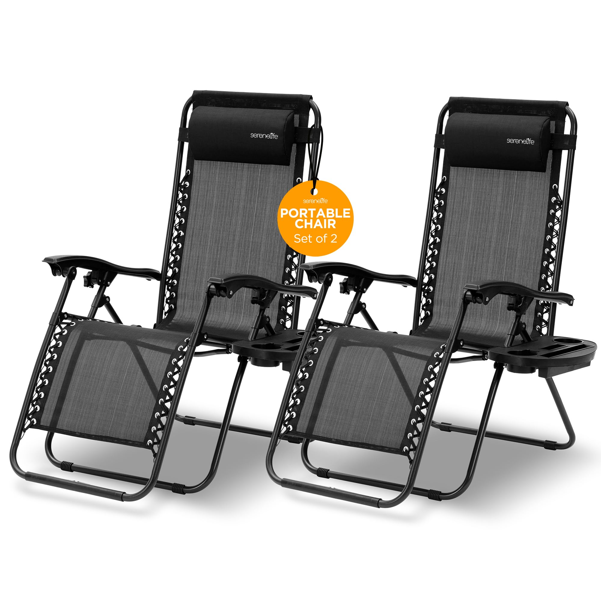 SereneLife Zero Gravity Chairs Set of 2 - Adjustable Steel Mesh Outdoor Lounge Chairs with Detachable Cup Holder & Pillows - Foldable Patio Furniture for Backyard, Poolside, Beach & Camping - Comfortable Relaxation Chairs for Adults
