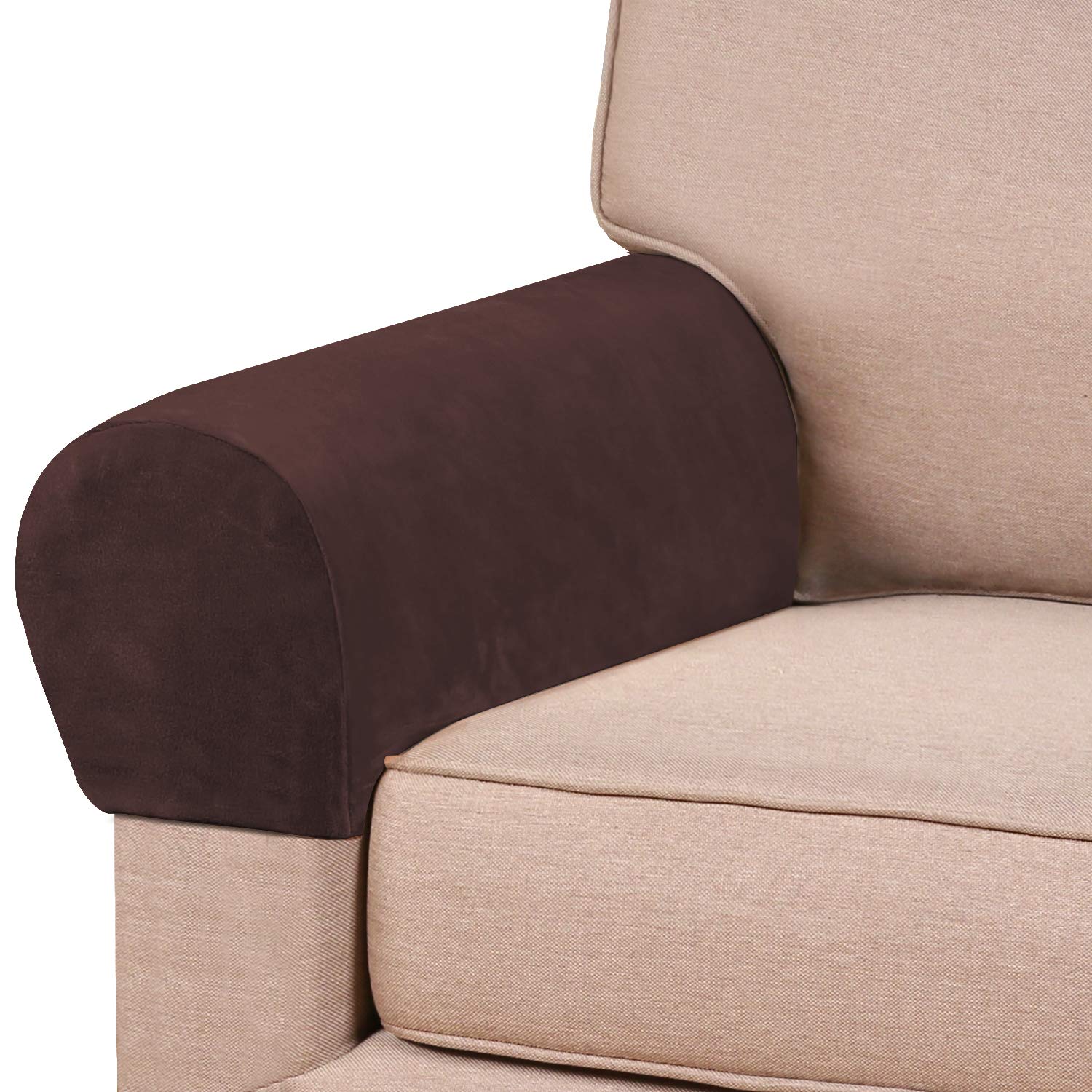 PrinceDeco 2 Pack Thick Velvet Stretch Armrest Covers - Non-Slip Sofa & Chair Arm Protectors for Living Room, Office, Dorm - Soft Brown Fabric Covers for Furniture Protection & Style Upgrade