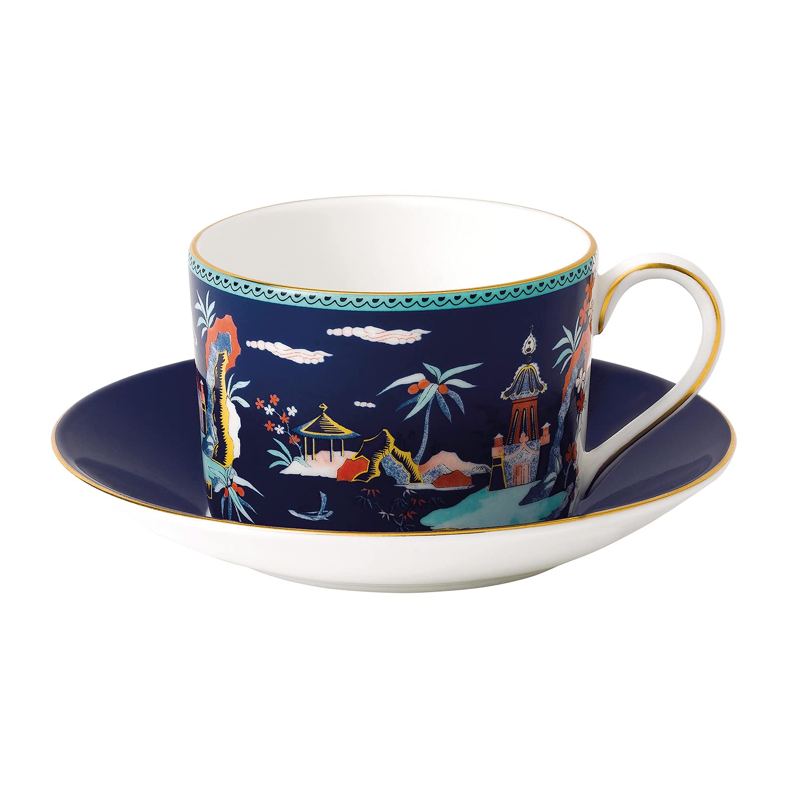 Wedgwood Wonderlust Blue Pagoda Teacup and Saucer Set - Elegant English Tea Set for Afternoon Tea, Bridal Shower, and Home Decor