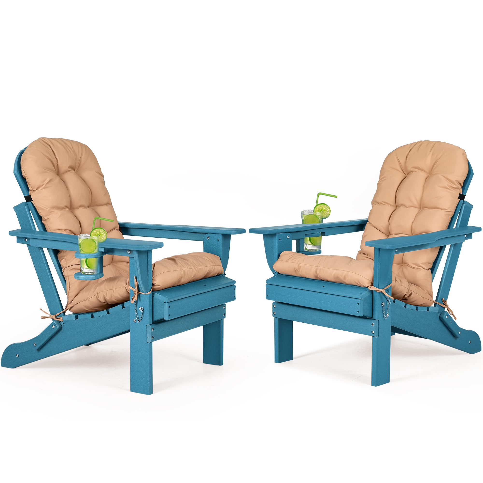 Nalone 2-Pack Folding Adirondack Chairs with Cushions & Cup Holders - HDPE Plastic Oversized Weather-Resistant Outdoor Patio Chairs for Backyard, Deck, Garden, Poolside, Camping & Fire Pit (Blue)