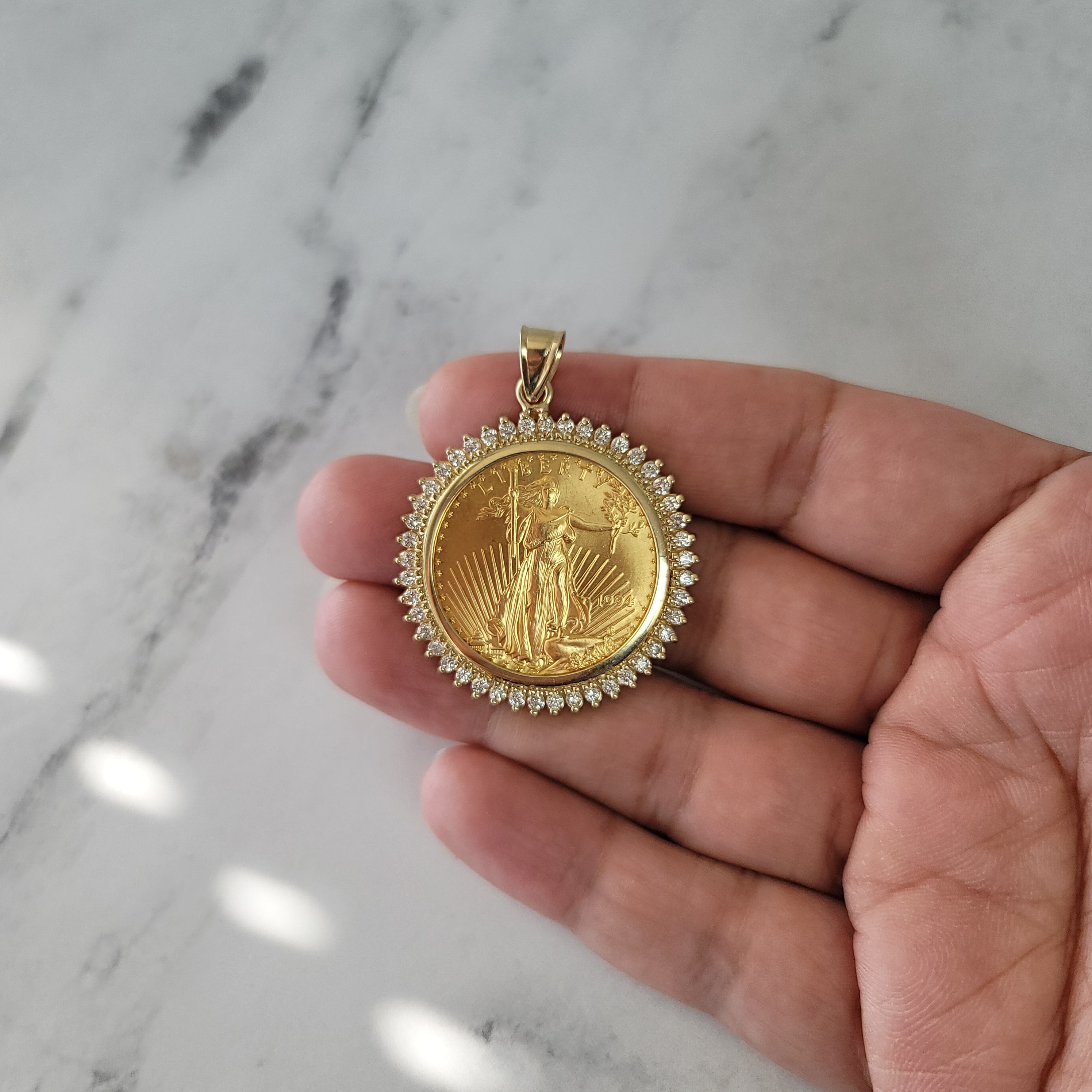 1/2OZ Fine Gold Lady Liberty Medallion with Diamond Halo - Elegant Jewelry Gift for Women, Perfect for Anniversaries, Birthdays & Special Occasions