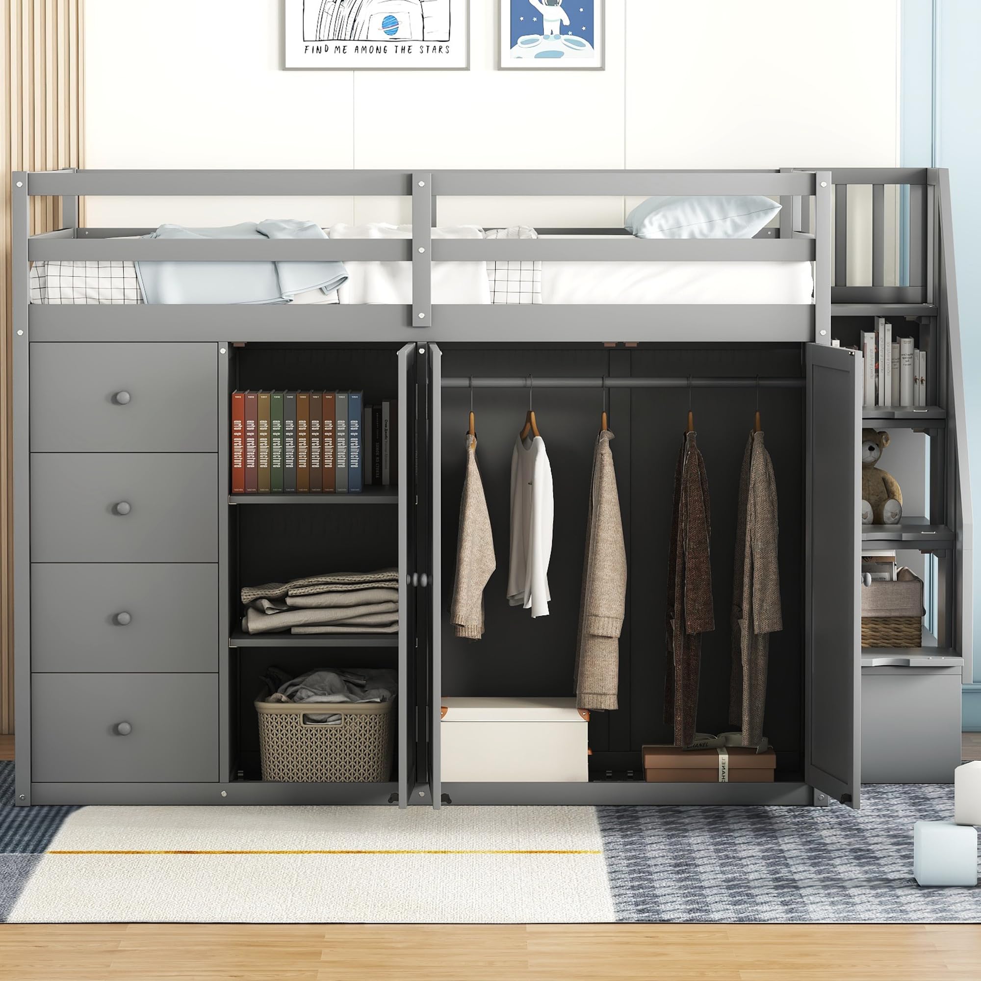 Harper & Bright Designs Full Size Wood Loft Bed with Stairs - Twin XL Loft Bed Frame with 2 Wardrobes, Storage Drawers & Cabinet - Sturdy High Loft Bed for Kids, Teens & Adults (Grey) - Perfect for Small Bedrooms, Dorms & Space-Saving Kids Rooms