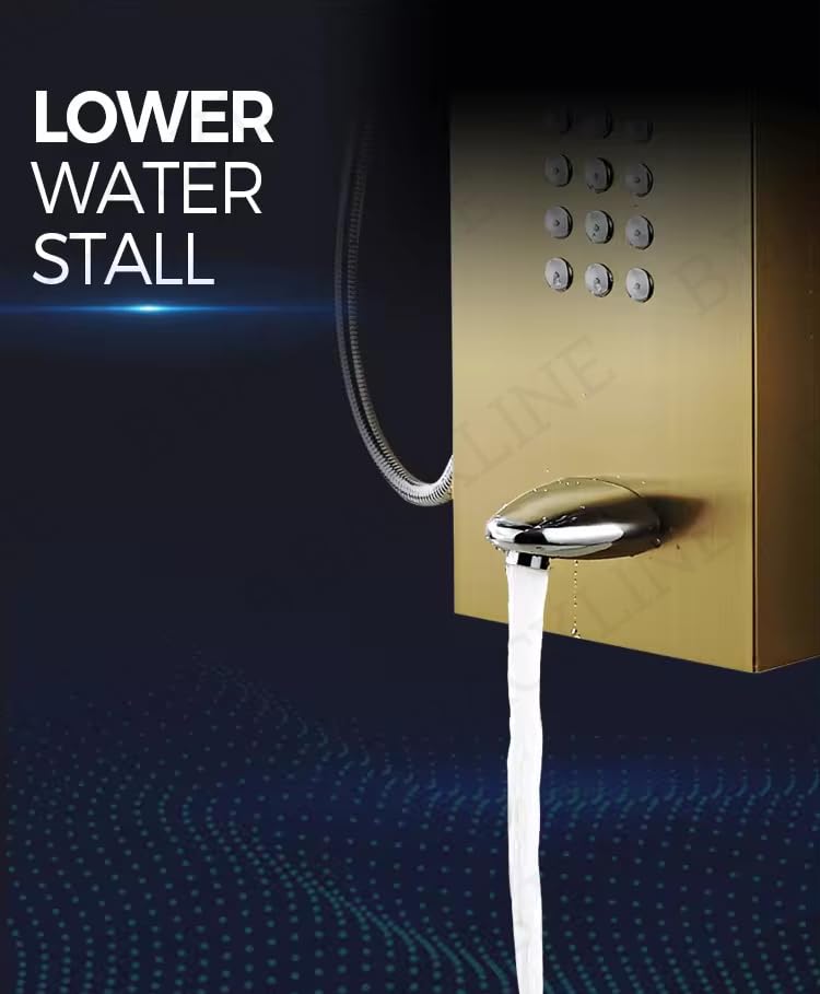 Stainless Steel Shower Panel Set - Dual Flow Overhead Waterfall & Handheld Shower - Wall Mount Bathroom Fixture in Gold Glossy Finish | Perfect for Modern Bathroom Renovation & Spa-Like Shower Experience