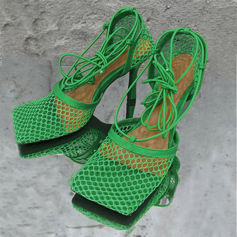 Breathable Mesh Square Toe Lace Up Heels for Women - Comfortable Summer Dress Shoes for Office, Party & Wedding Occasions