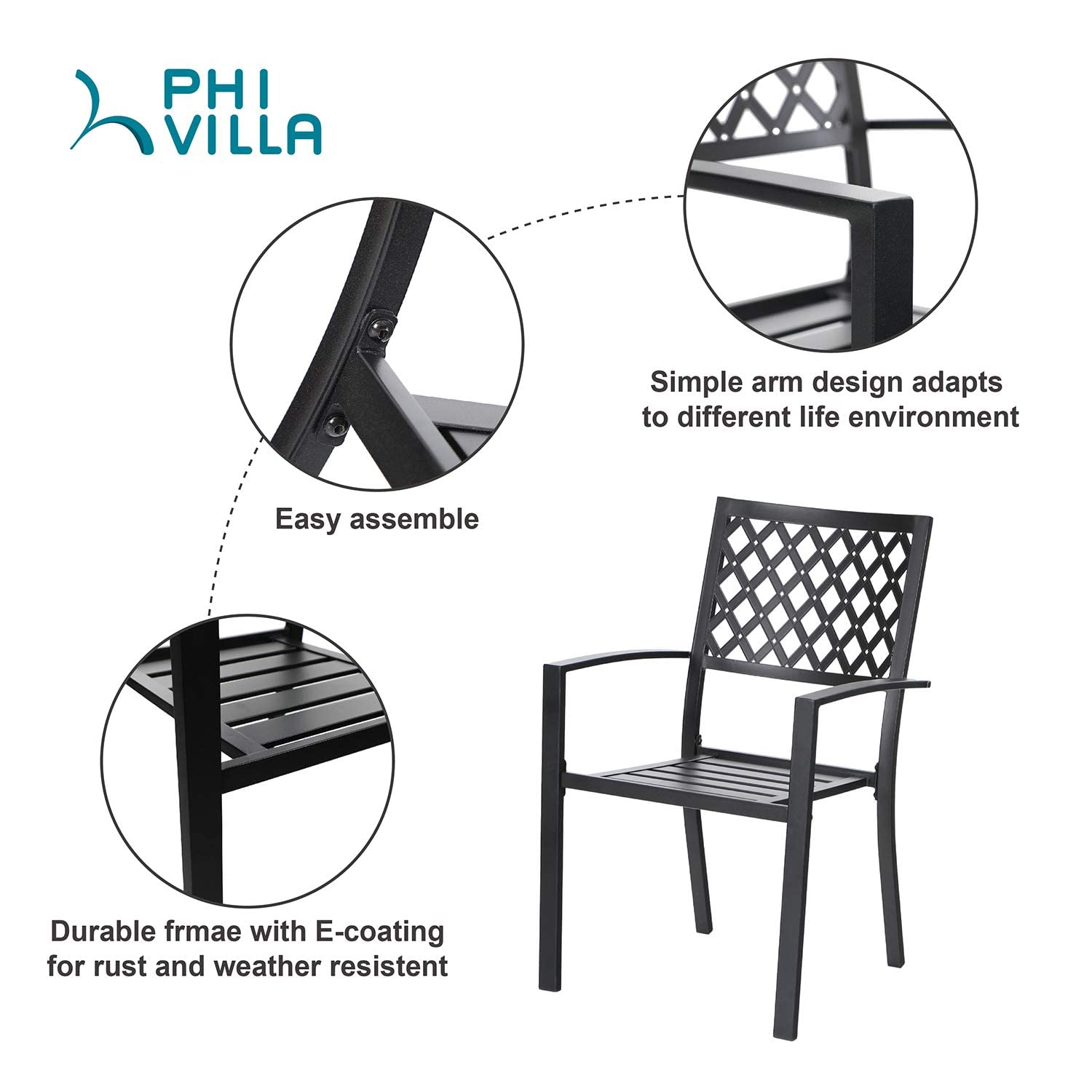 PHI VILLA Stackable Black Metal Outdoor Patio Chairs - Set of 2 Heavy Duty Wrought Iron Dining Chairs with Armrests 300 lbs Weight Capacity - Perfect for Backyard, Garden, Restaurant, Bistro & Outdoor Dining Areas