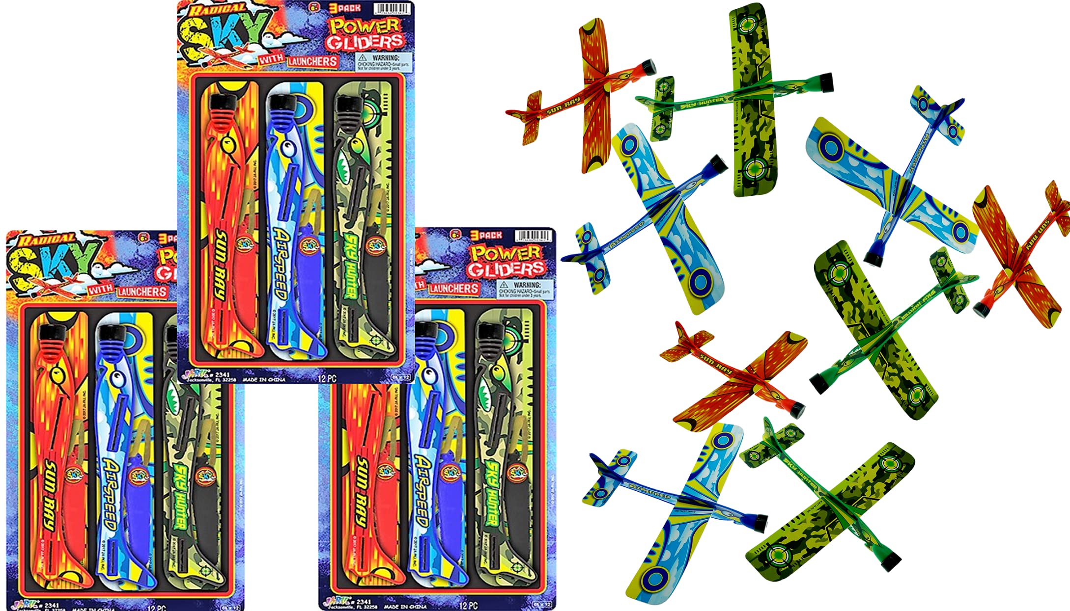 JA-RU 3 Pack Flying Glider Airplanes for Kids with Rubber Band Launcher - 9 Colorful Foam Airplane Toys for Outdoor Play, Beach Games & Backyard Fun - Great for Birthday Party Favors, Easter Basket Stuffers & Summer Activities (2341-3p)