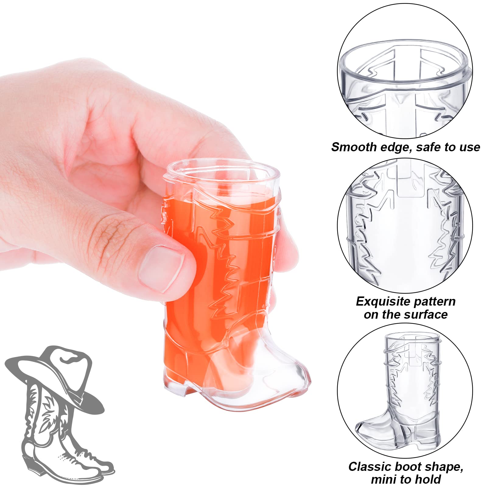 ADXCO 36 Pack Clear Plastic Mini Cowboy Boot Shot Glasses - 1 oz Reusable Party Cups for Western Theme Parties, Bachelorette Events, Wedding Decorations - Perfect for Cowboy Themed Celebrations, Bar Accessories and Country Style Home Decor