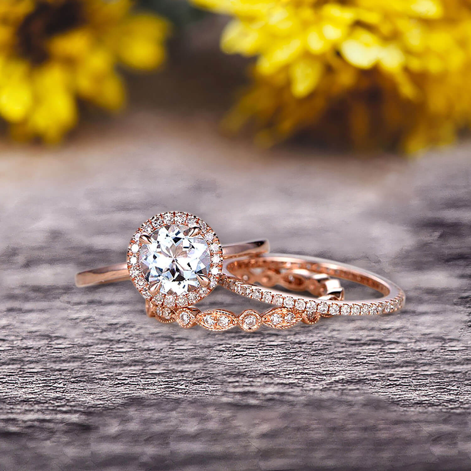 10K Rose Gold 1.75 Carat Round Cut Aquamarine Engagement Ring Set with Matching Wedding Bands & Moissanite Halo - Art Deco Style for Bridal Jewelry & Anniversary Gifts