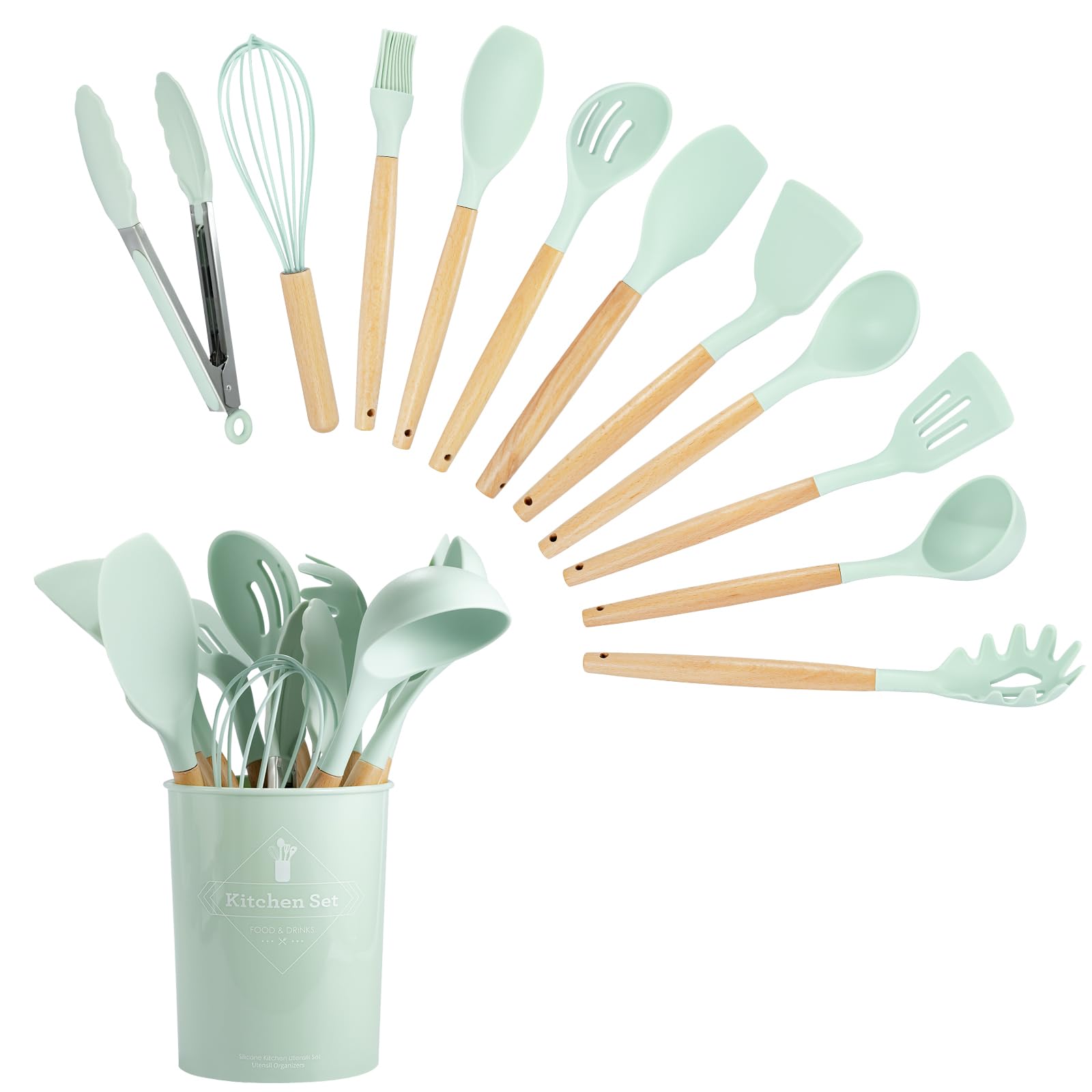 12-Piece Non-Stick Silicone Kitchen Utensil Set with Wooden Handles - Heat Resistant Cooking Spatulas, Spoons & Gadgets for Baking, Frying & Everyday Cooking (Green) - Perfect for Non-Stick Pans & Eco-Friendly Kitchens