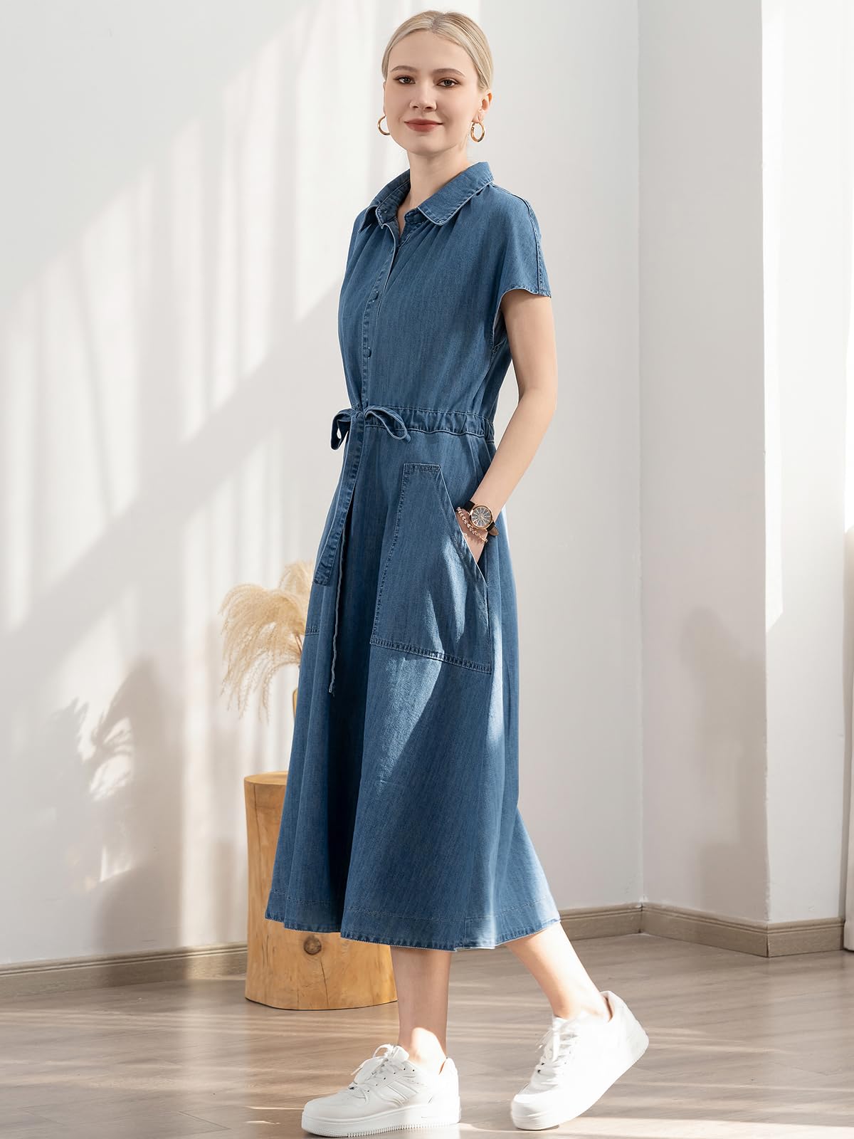 ALSOGO Women's Casual Denim Dress - Short Sleeve Midi Jean Dress with Waist Drawstring & Pockets | Perfect for Summer Outings, Beach Vacations and Casual Everyday Wear
