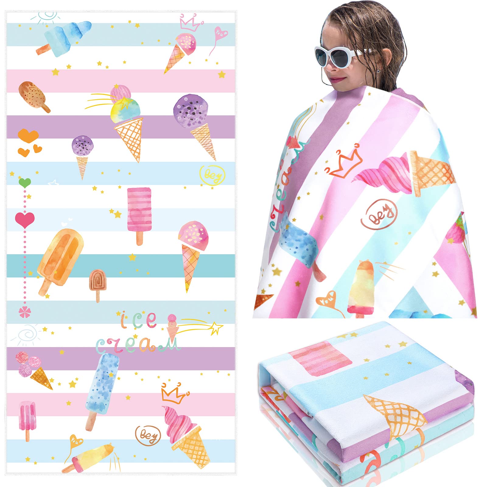 Colorful Watercolor Ice Cream Beach Towels for Kids - 30