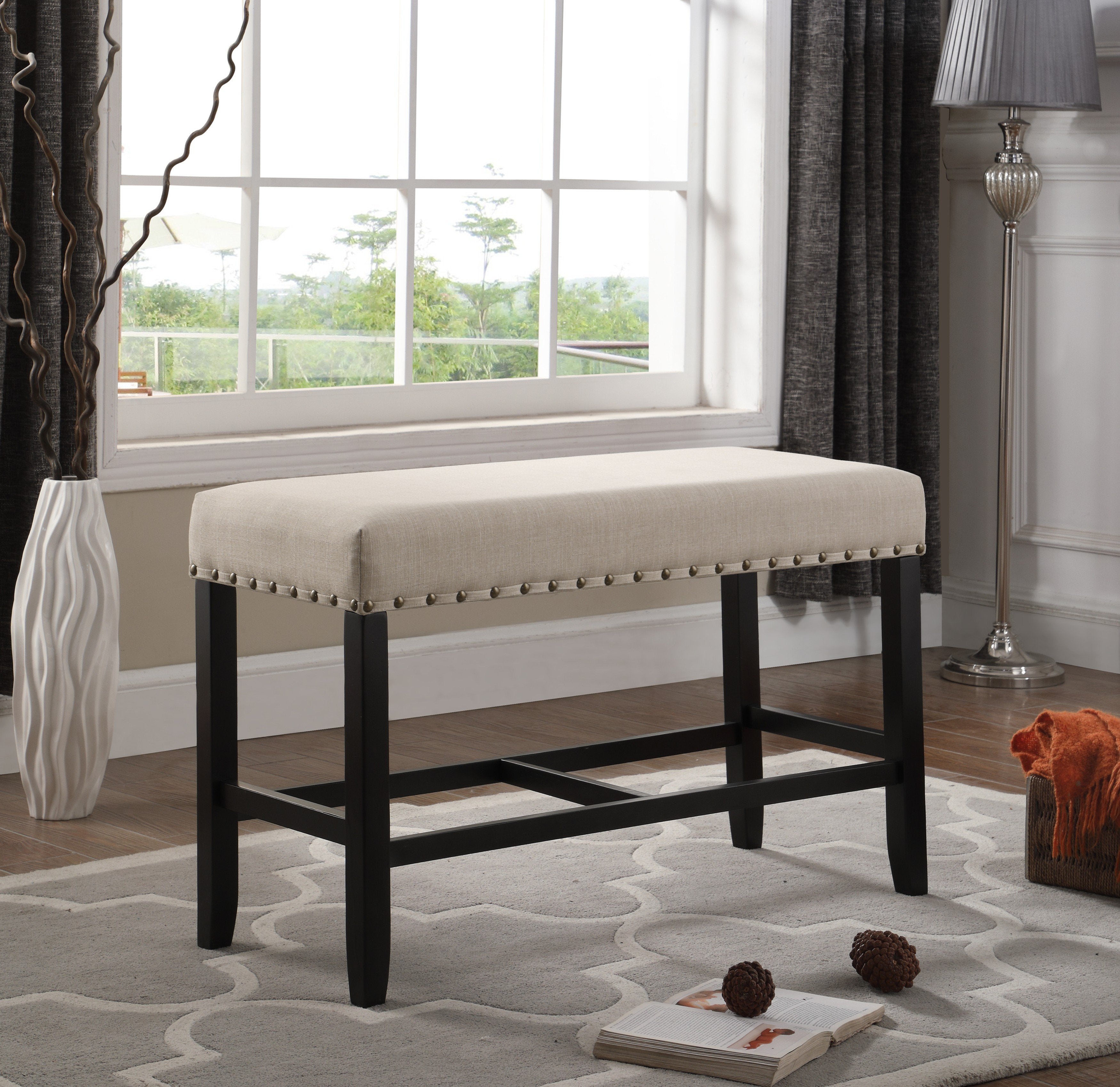 Roundhill Furniture Biony Fabric Counter Height Dining Bench with Nailhead Trim, Tan - Stylish Kitchen Island Seating for Small Spaces & Breakfast Nooks