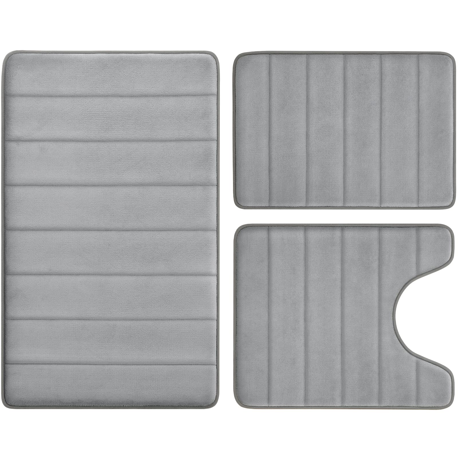 BYSURE Grey Memory Foam Bathroom Rug Set - 3 Piece Non-Slip, Super Soft & Absorbent Bath Mats - Machine Washable Toilet Mats for Bathroom Floor - Perfect for Bathrooms, Showers & Vanity Areas